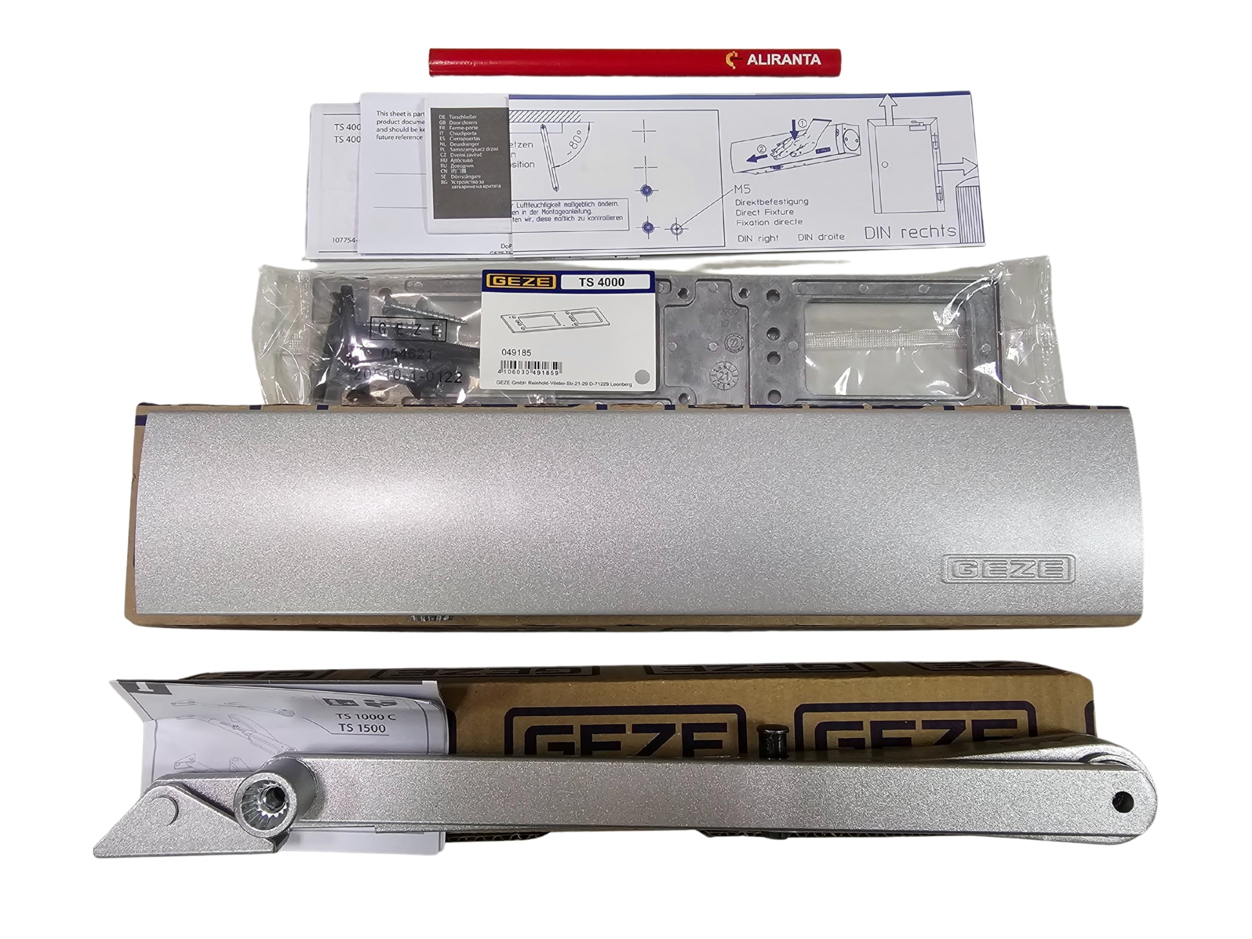 GEZE TS 4000 - Chiudiporta a palo per porte singola, larghezza fino a 1400 mm, con aste di bloccaggio e piastra di montaggio 3 in 1