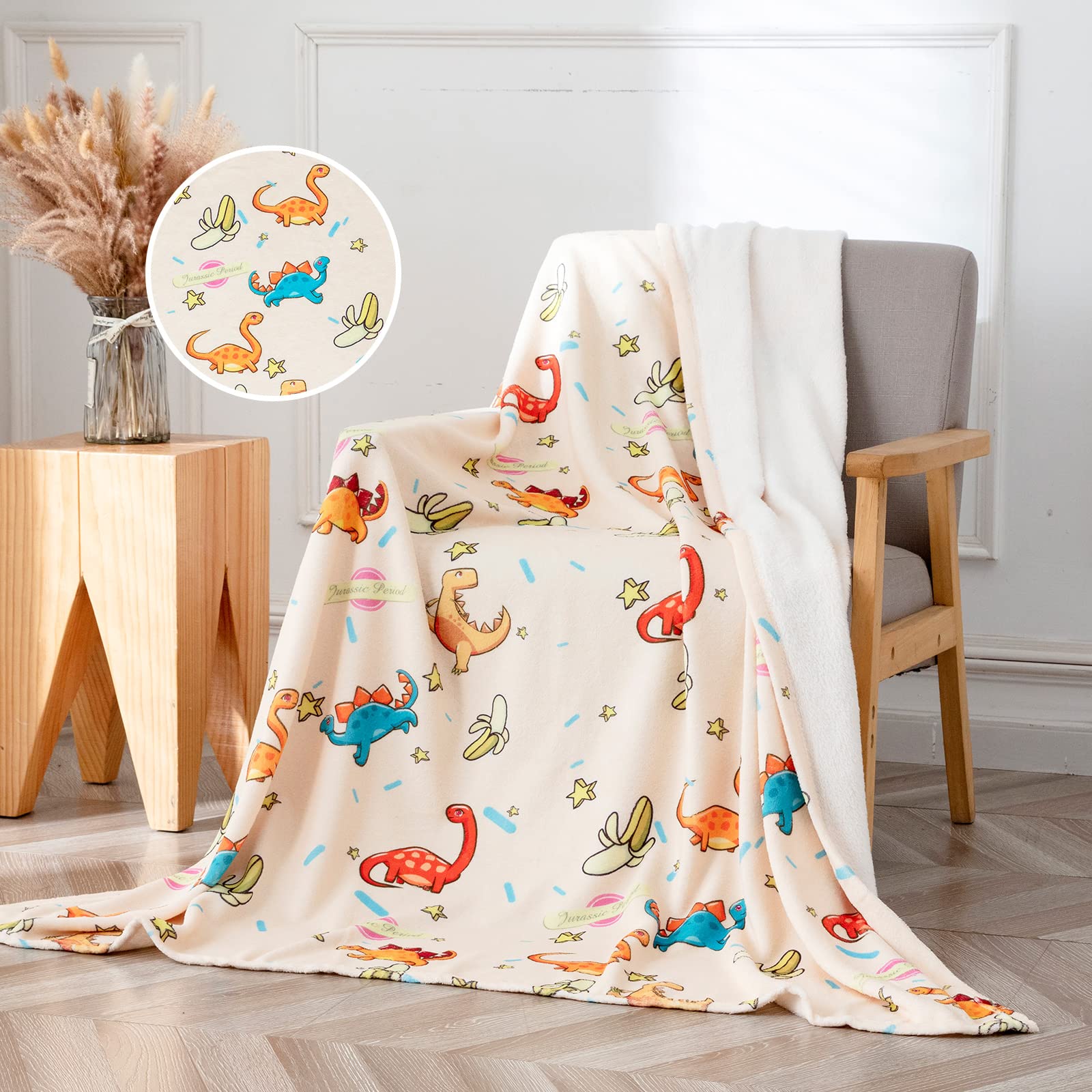 Dinosaur Blanket,Fleece Lightweight Throws with Cute Dinosaur Animals for Kids,Super Soft Flannel Blankets,Warm Sheet Suitable for All Season (Yellow Cartoon Dinosaur, 50 x 60 Inches)