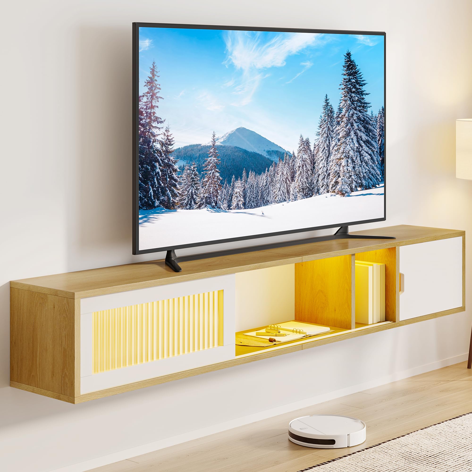 YITAHOME Meuble TV Suspendu Flottant avec Lumières LED RGB, 148 cm Meuble TV Flottant pour Téléviseurs Jusqu'à 65 Pouces avec Centre de Divertissement avec Porte pour Salon et Chambre