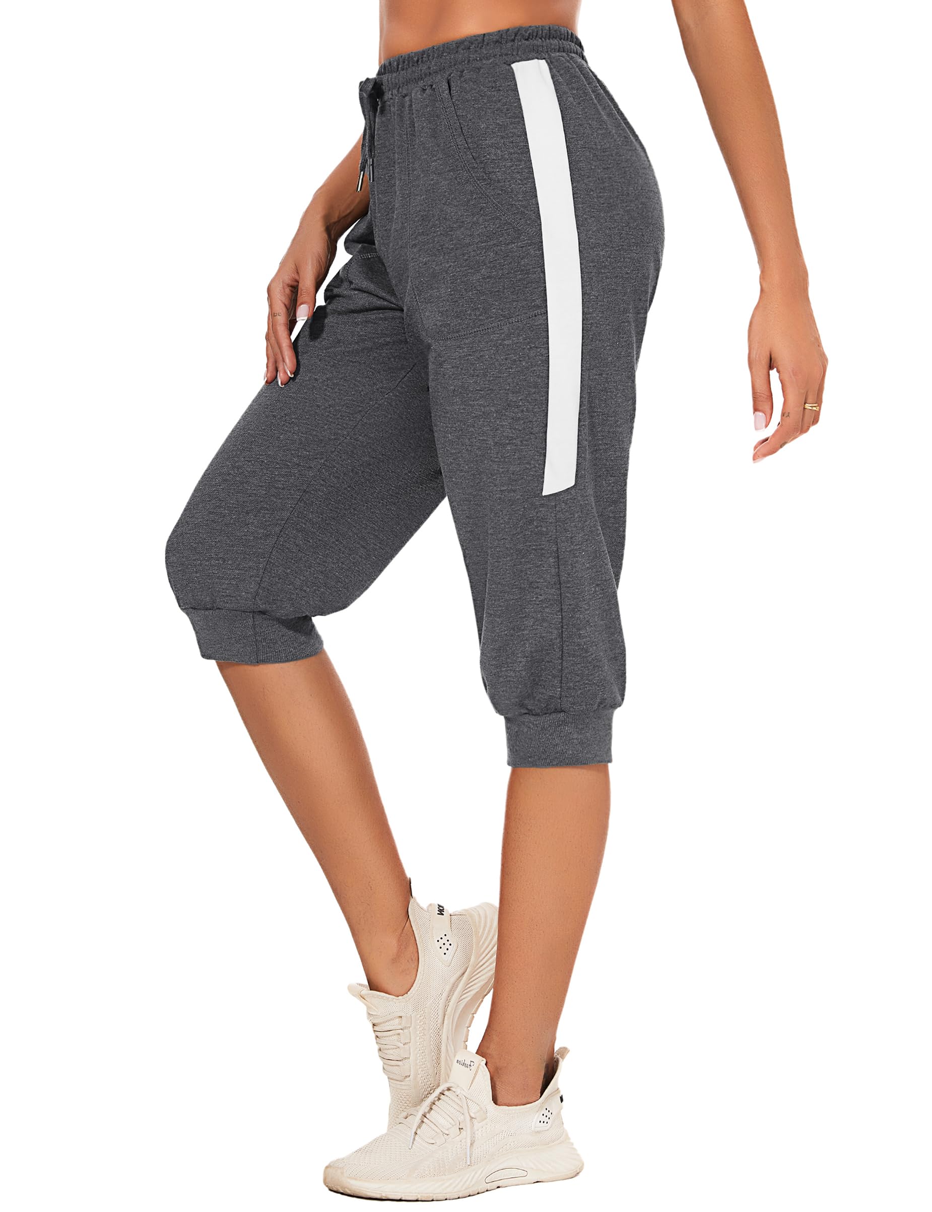 Litherday Sporthose Damen 3/4 Jogginghose Sommer High Waist Trainingshose Streifen Freizeit Capri Hose mit Tasche