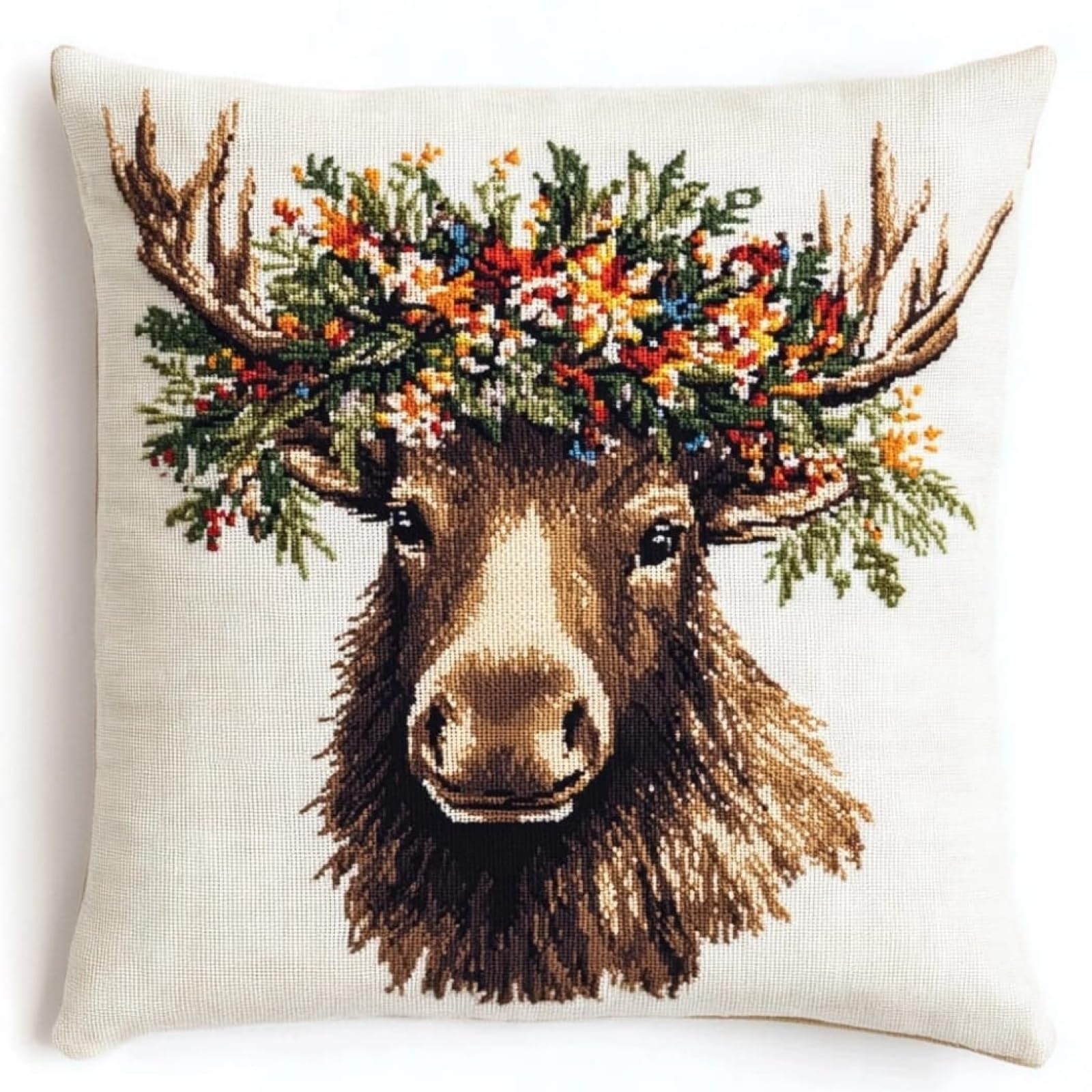 WallustrioaW Embroidery Kit Cross Stitch Cushion Kits,Moose Wearing a Flower Wreath,Embroidery Cushion for Creative Home Decor — Needlework for Adult Beginners,45x45cm