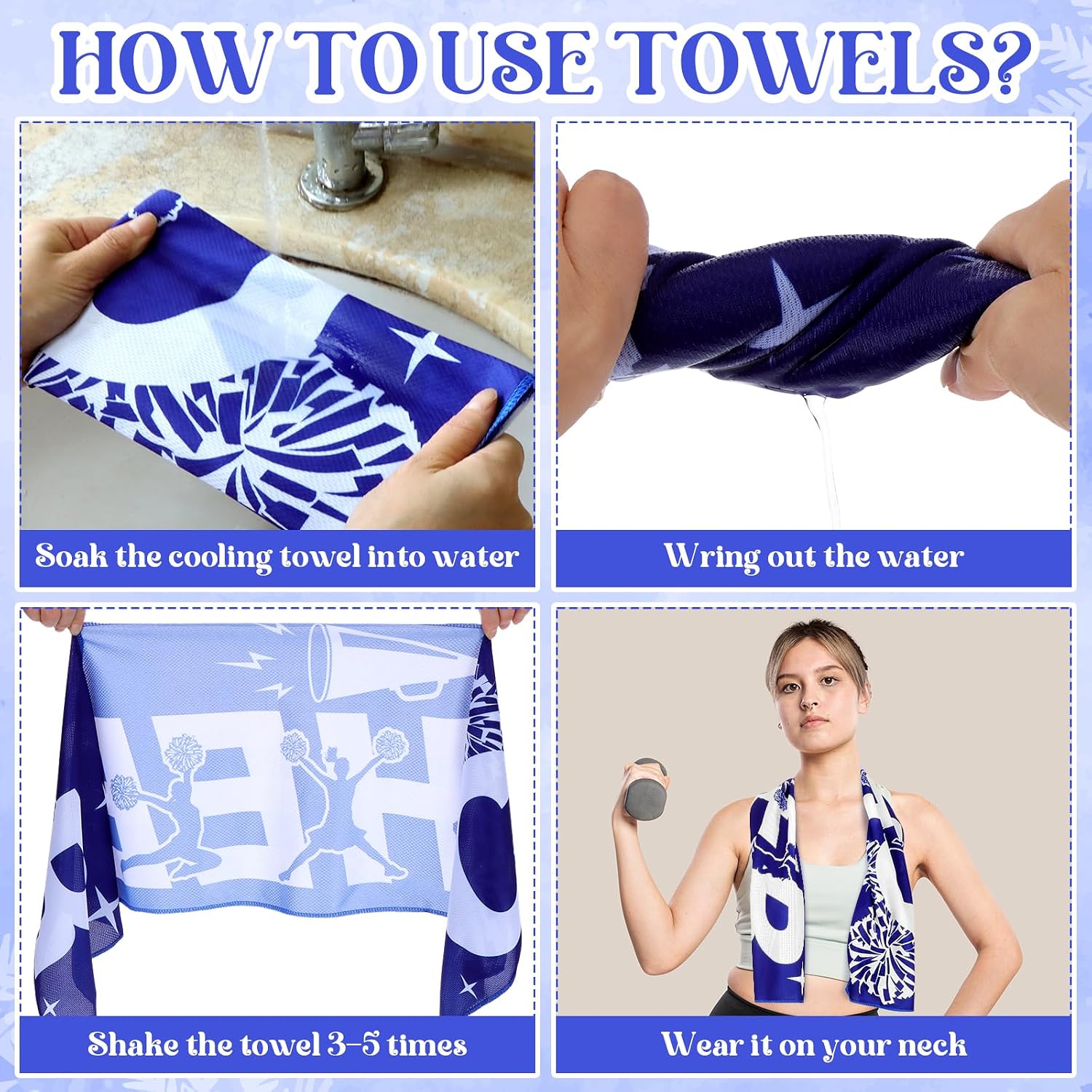 24Pcs Cheerleader Theme Gifts Bulk Microfiber Cheerleading Cooling Towels Cheer Team Gift Blue Cheer Pom Poms Hair Scrunchies Bracelets Makeup Bags Tote Bags for Cheerleading Party Supplies image 4