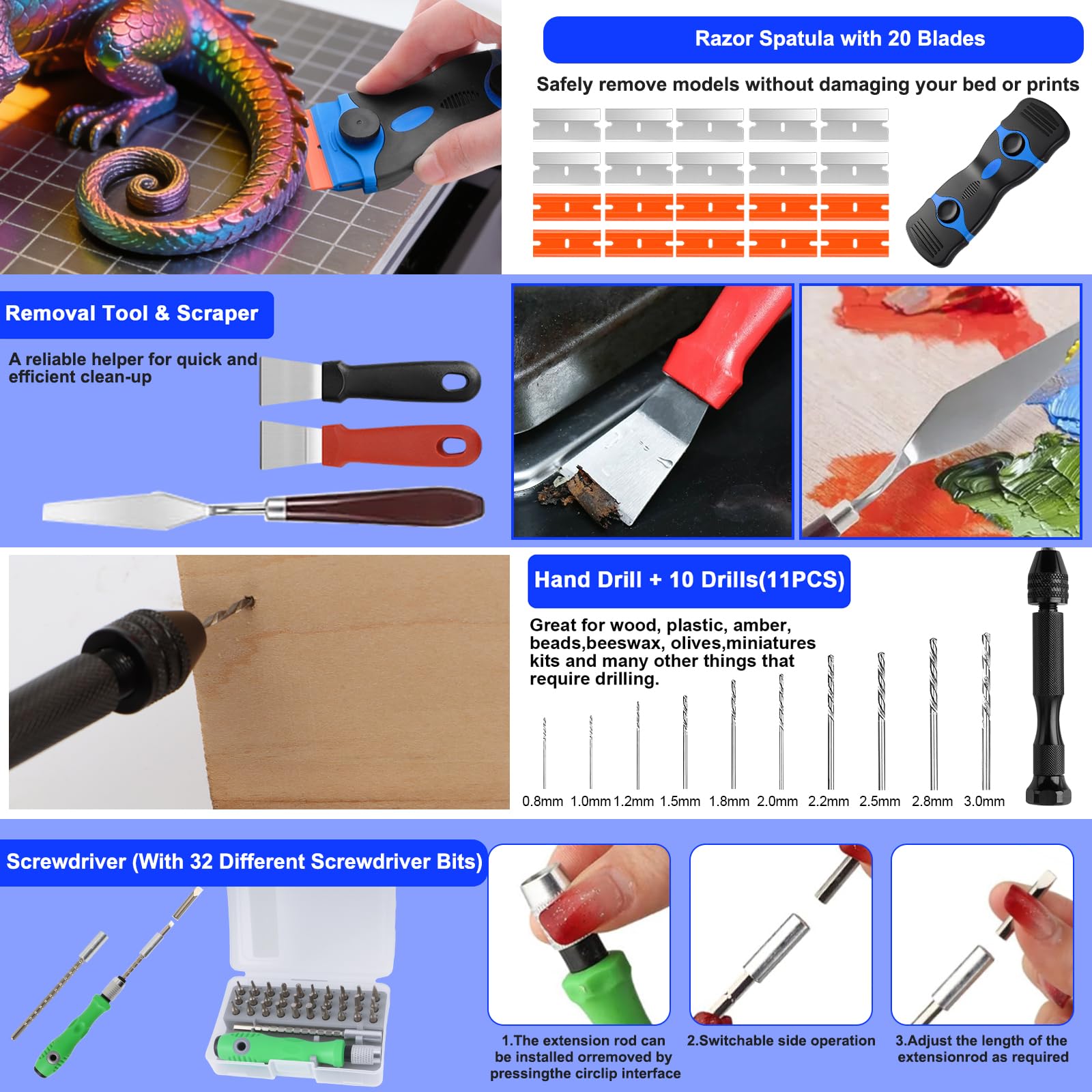 Modellbau Werkzeug Set 209 Stück 3D Drucker Zubehör Reinigungsset Entgrater Werkzeug Pinzetten Zangen 3D Druck Werkzeug für Modellbau und 3D-Druck