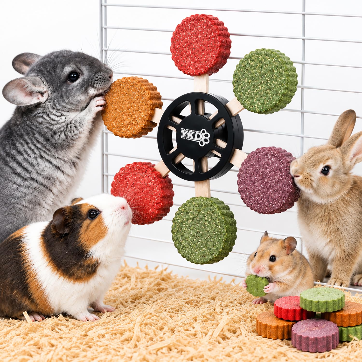 YKD Chinchilla Chew Toys, Rotating Spinner Toys + 12 Pcs Timothy Hay Cakes