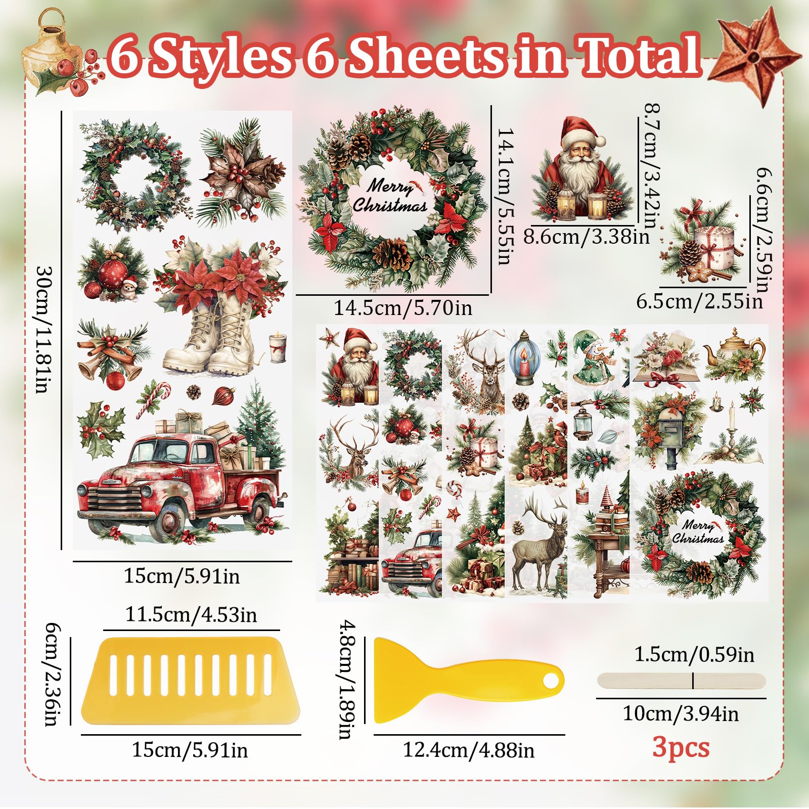 WANDIC 6 Sheets Christmas Theme Rub On Transfer Sticker - Image 2