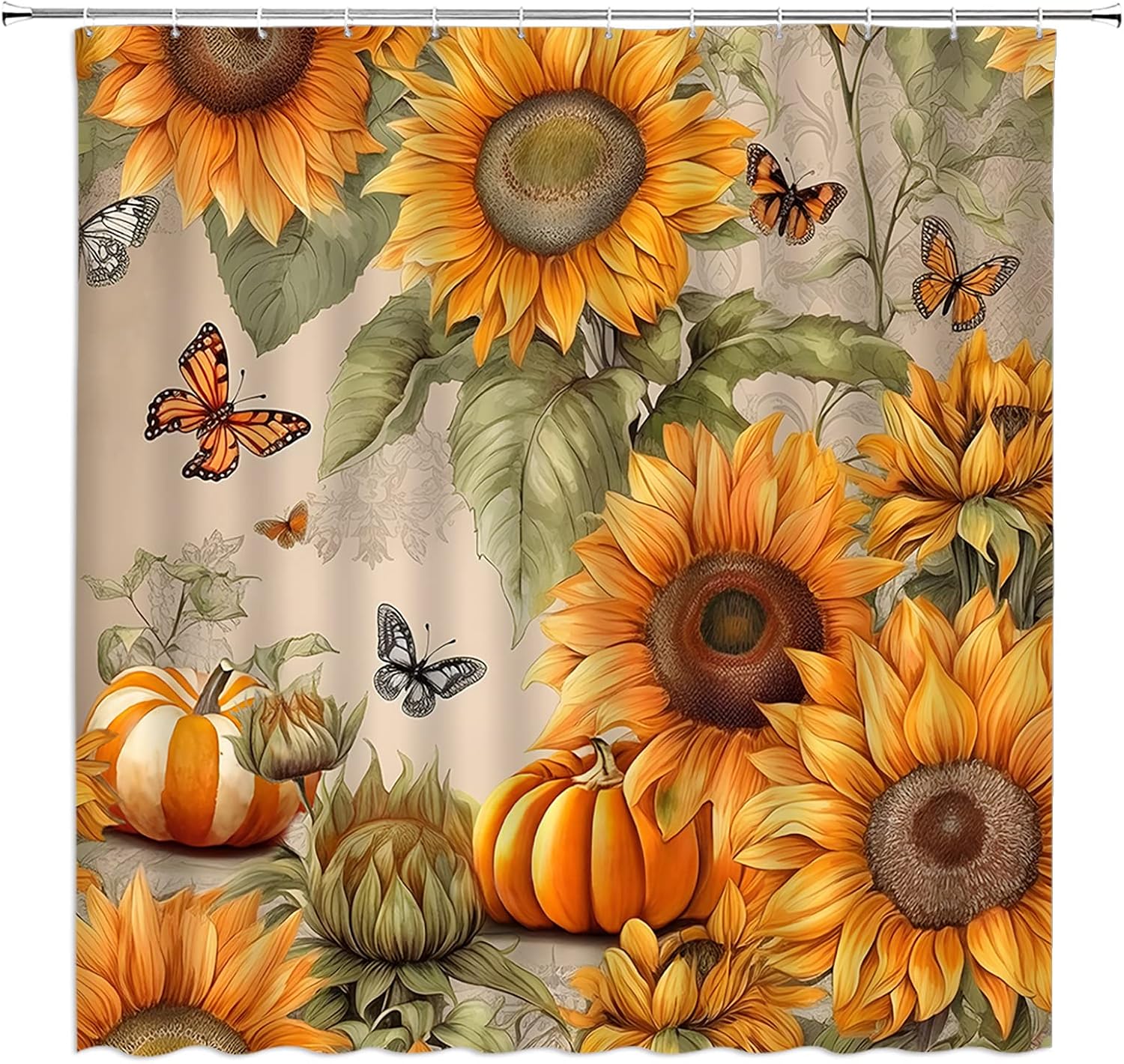 Sunflower Pumpkin Shower Curtain Fall Autumn Thanksgiving Harvest Vintage Rustic Retro Floal Farmhouse Country Spring Plant Festival Watercolor Holiday Fabric Bath Curtain Set with Hook