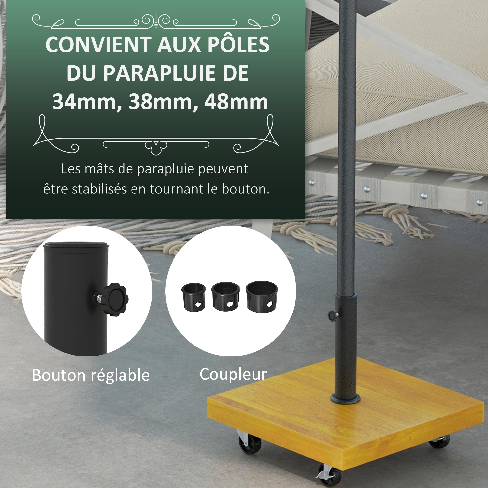 Outsunny Pied de Parasol Carré en Métal 25kg 4 roulettes Ø34/38/48mm | Base de Lestage, Dim. 45L x 45l x 36,5H cm