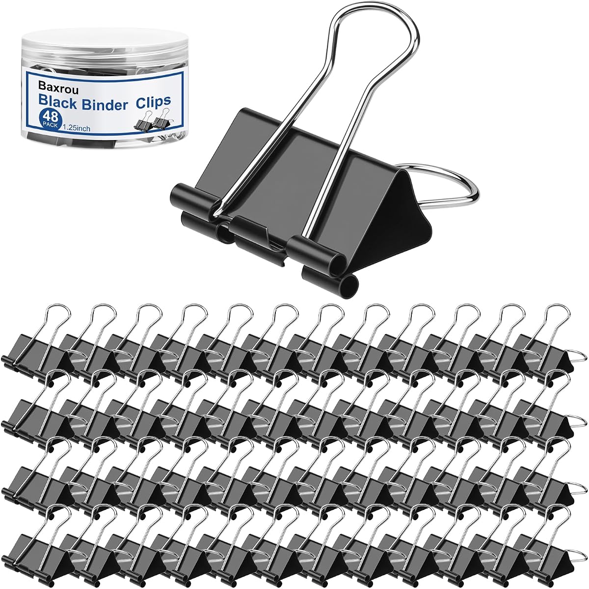 Clips para carpetas medianos de 1,25 pulgadas (paquete de 48) con contenedor, clips para carpetas de tamaño mediano, abrazaderas de clips de papel grandes, clips para papeleo, para suministros de oficina y hogar, escuela, negro