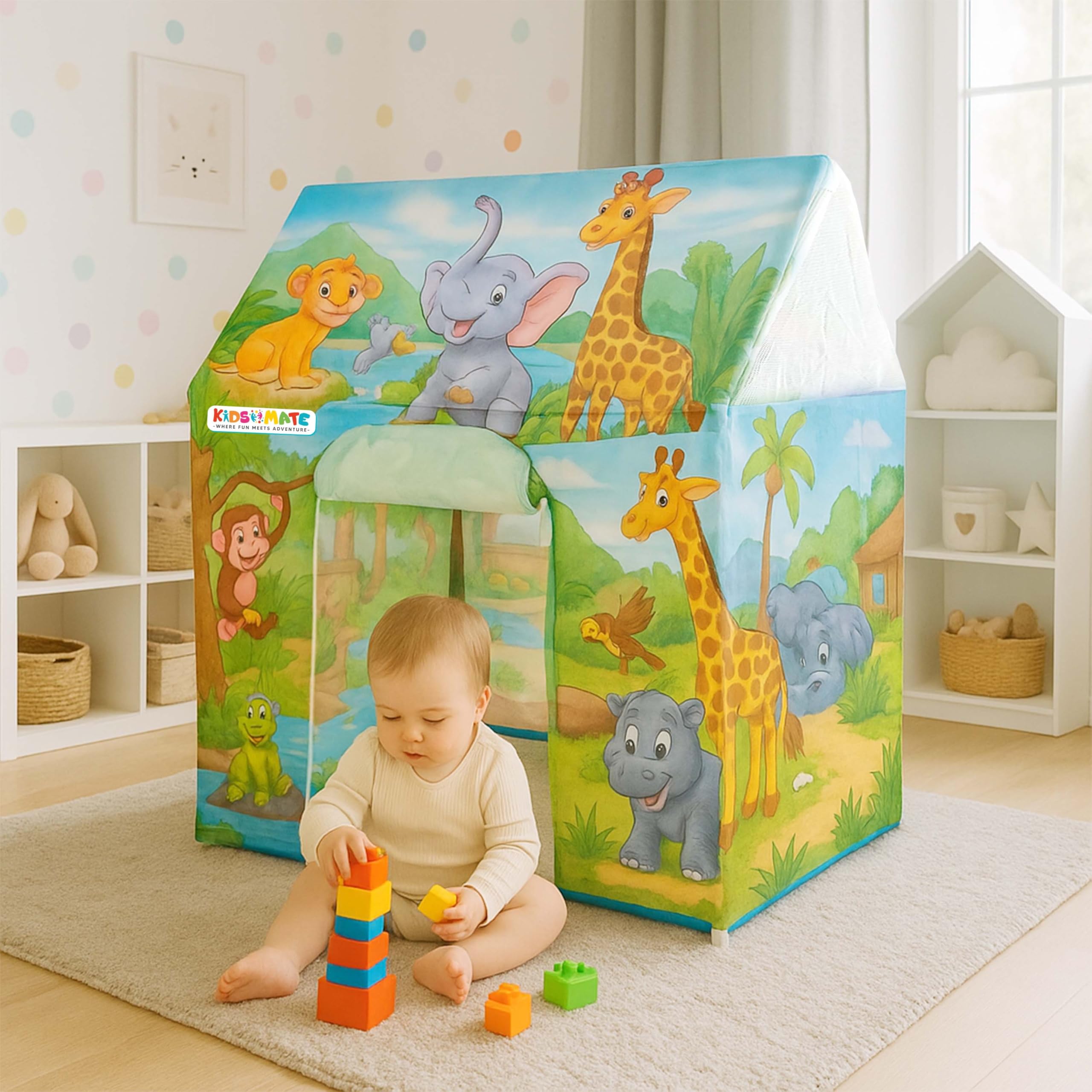 Kidsmate Jungle-Themed Play Tent for Kids | Lightweight & Foldable Pop-Up Tent with Cute Animal Prints |Indoor & Outdoor Portable Toy House for Boys & Girls of Age 2 Yrs & Up - Tropical Jungle Green-image-1