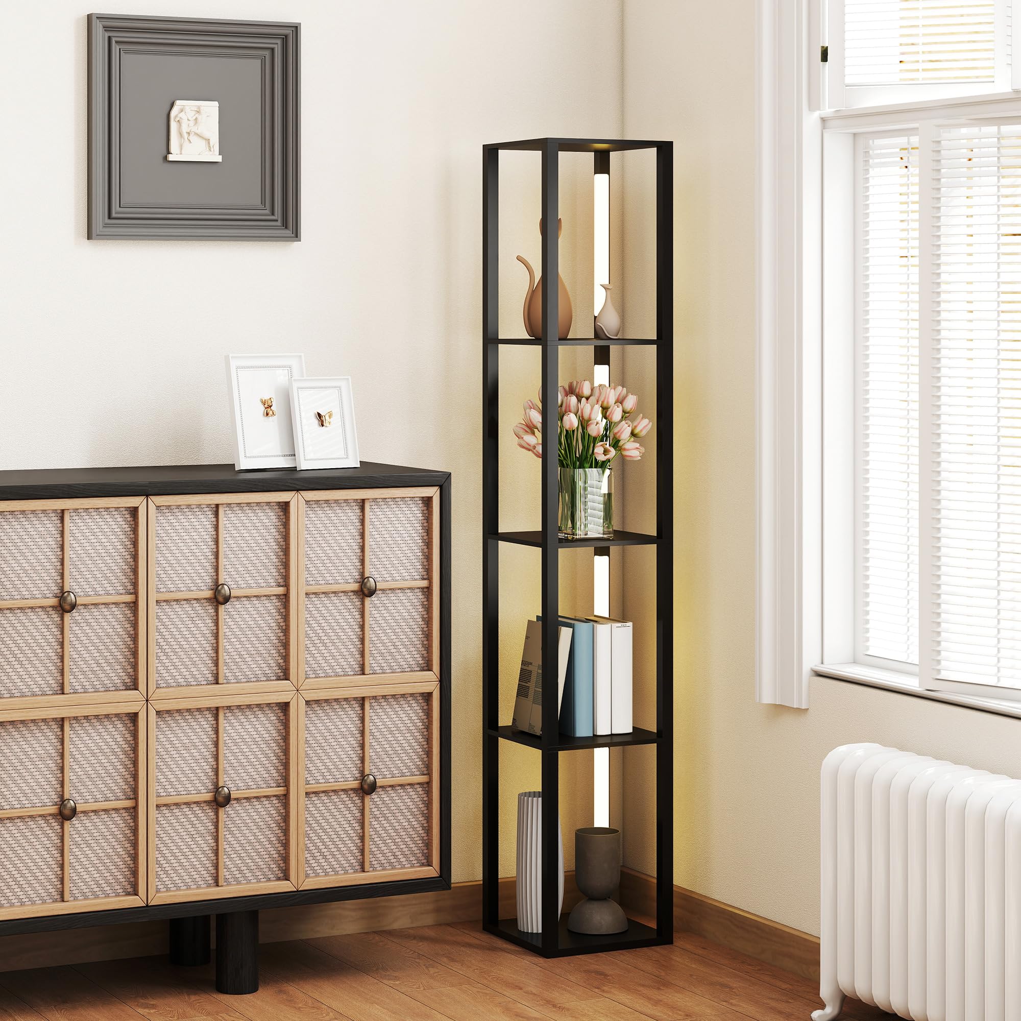 HOMCOM Lampada da Terra con 4 Ripiani Luce Dimmerabile 29x29x163 cm Nero | 3 Luminosità Regolabili, Interruttore a Pedale, Piantana Lampada da Terra, per Soggiorno, Salotto e Camera