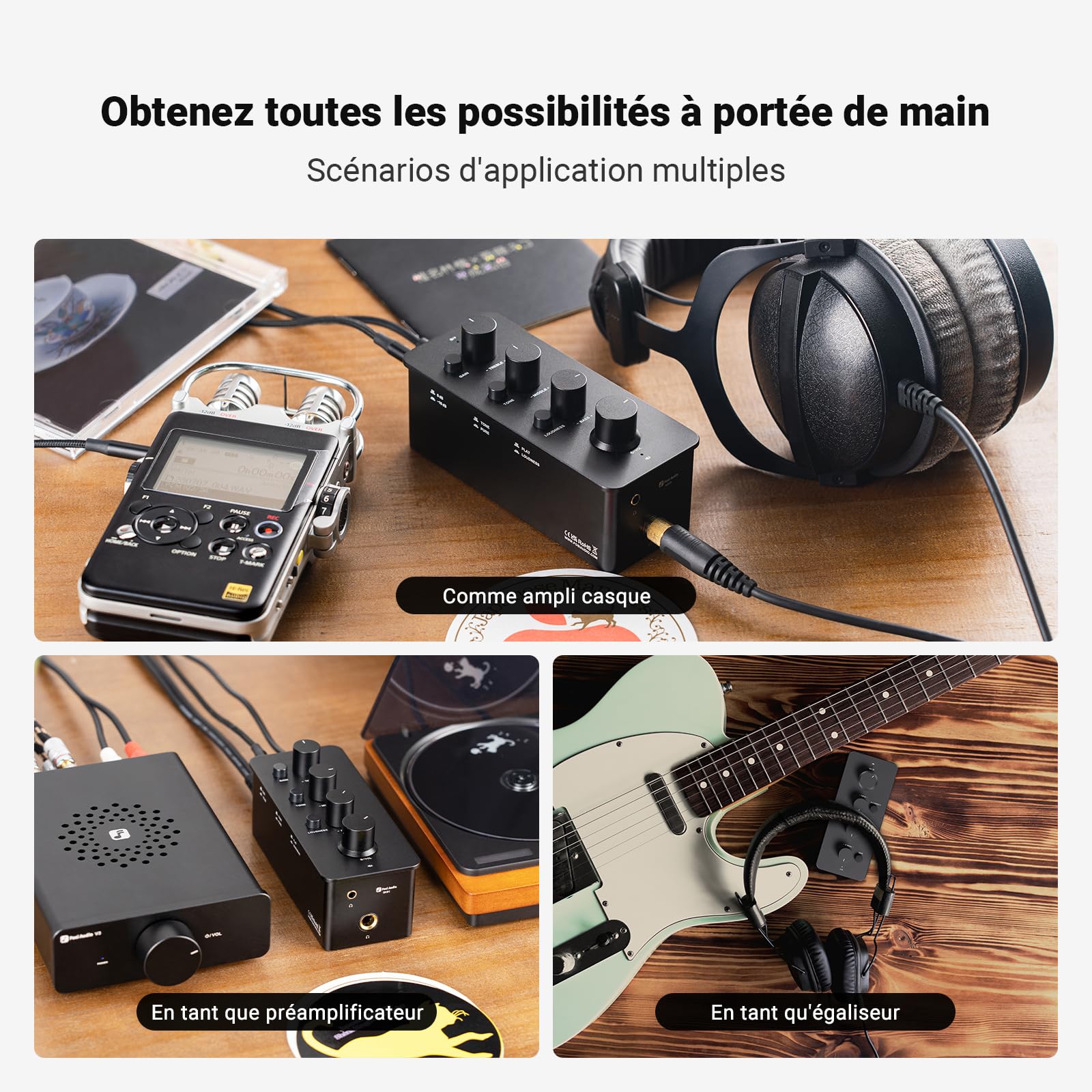 Fosi Audio SK01 Préamplificateur égaliseur pour Casque d'écoute, Contrôle de la Tonalité des Graves, des Médiums et des Aigus, Amplificateur Analogique Portable de Class-A pour Jacks de 3,5mm & 6,35mm
