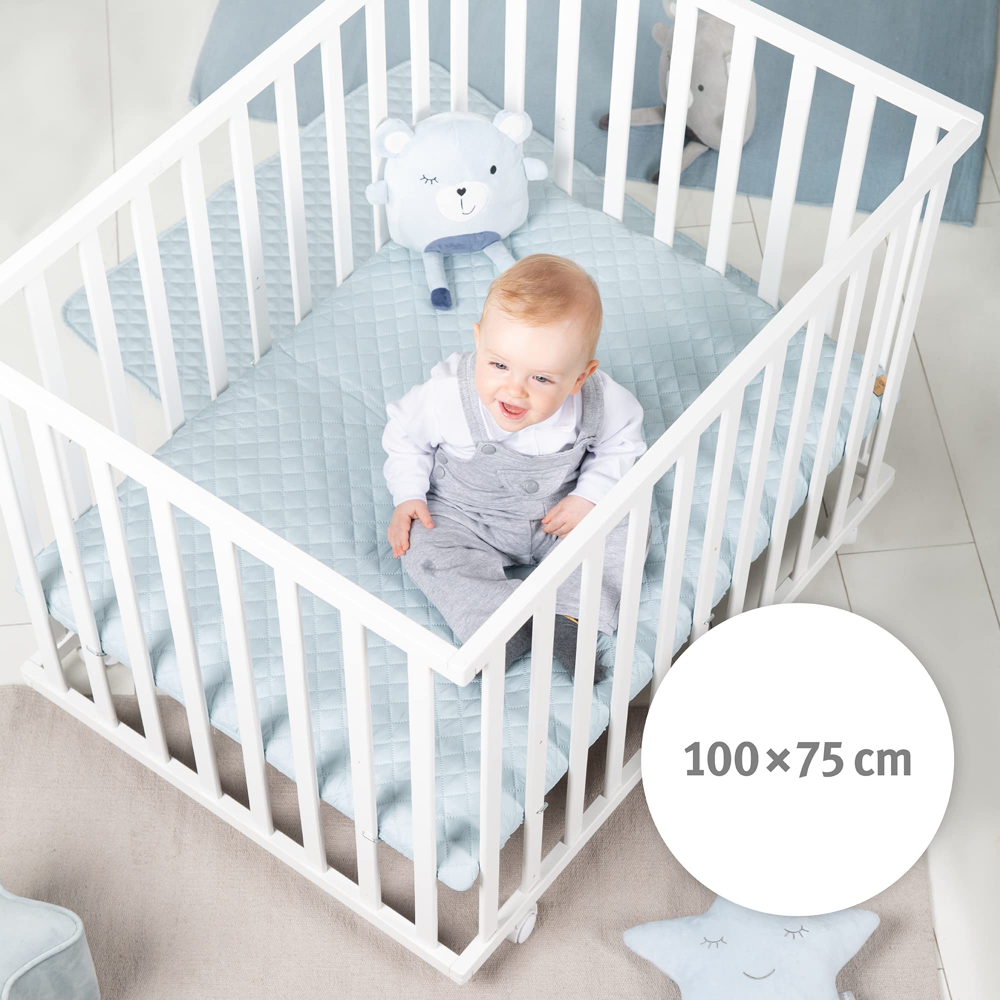 roba Matelas pour Parc Bébé Rectangulaire 75 x 100 cm - Noyau en Mousse PU Respirante - Housse Matelassée et Amovible avec Fermeture Éclair - Blanc