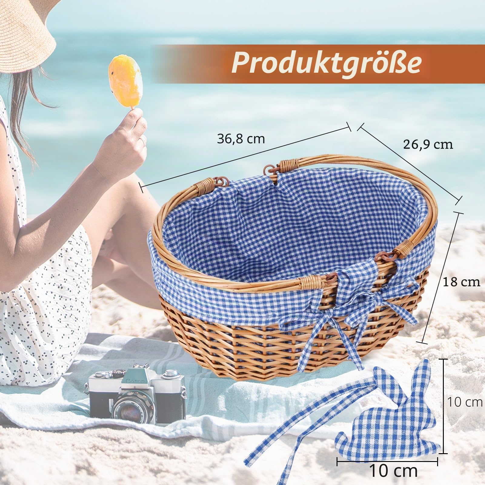 G Good GAIN Weiden-Picknickkorb mit Doppelten, Faltbaren Griffen, Weiden-Picknickkorb, Handgewebter Osterkorb, Ostereier und Süßigkeitenkorb, Aufbewahrungskorb, Geschenkverpackung, Blau