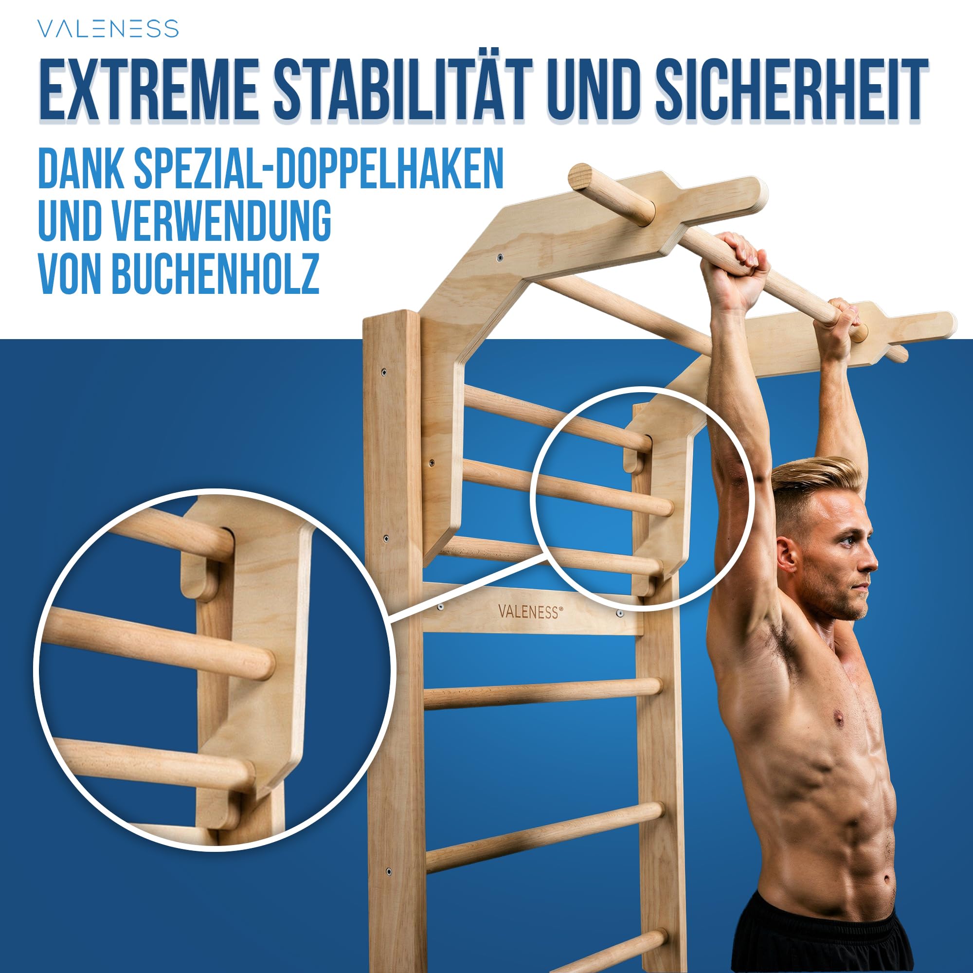 VALENESS® NEU Sprossenwand aus Holz mit Klimmzugstange, Dip-Station & 2 Turnringen – höhenverstellbar, für Erwachsene & Kinder – Kletterwand Indoor fürs Kinderzimmer & Home Gym, bis 150 kg