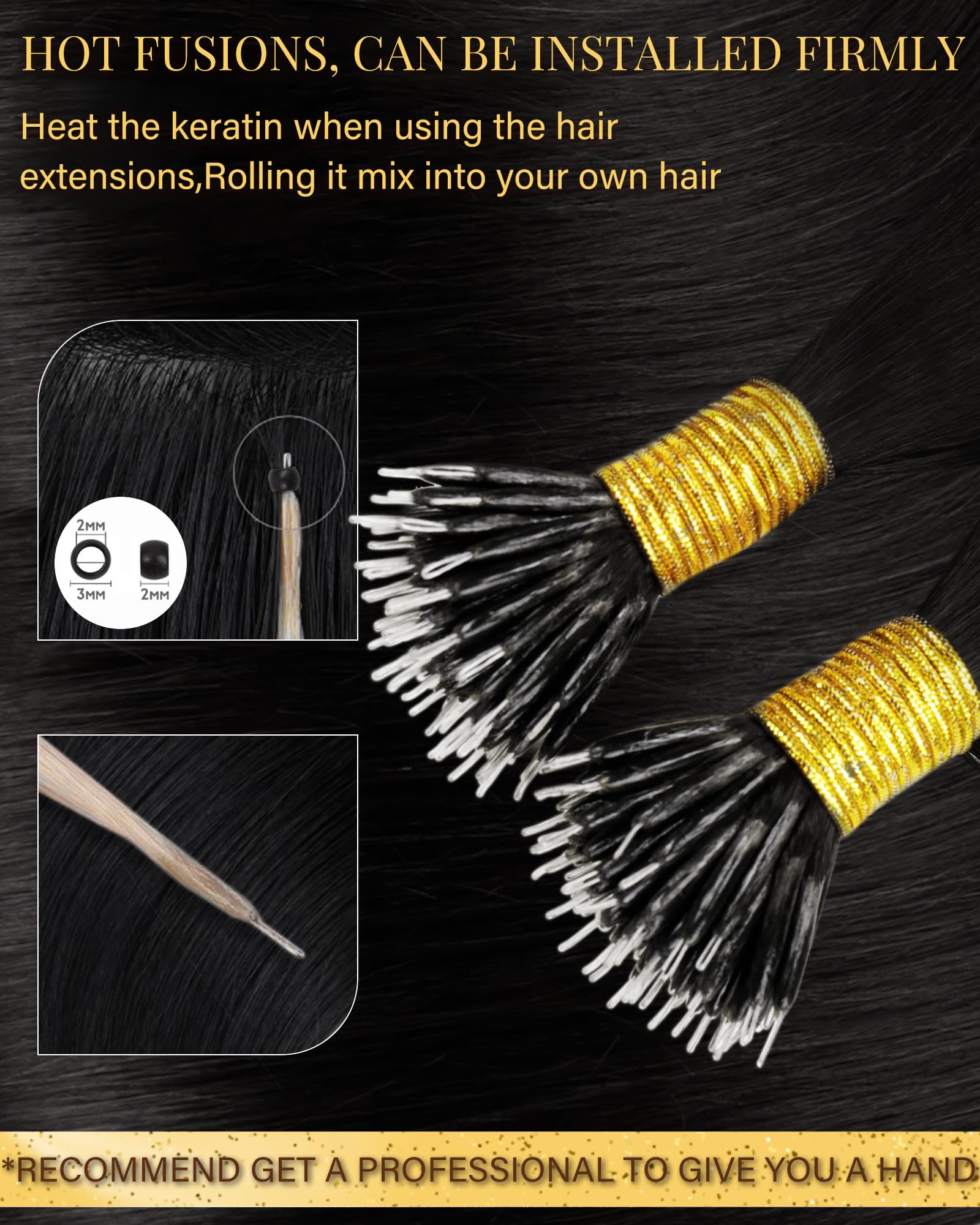 Hetto Nano Hair Extensions Real Human Hair Black - Natural Invisible Nano Beads Extensions, Cold Fusion Pre Bonded Nano Ring Tiny Attachment for Women Daily Wear 50 g 50 strands #1 14 Inch - 2
