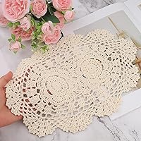Fampery 2-Pack Vintage Lace Placemats 10x14 Inch Handmade Crochet Doilies Oval Table Mats Beige for Dining Tea Party Wedding Decor