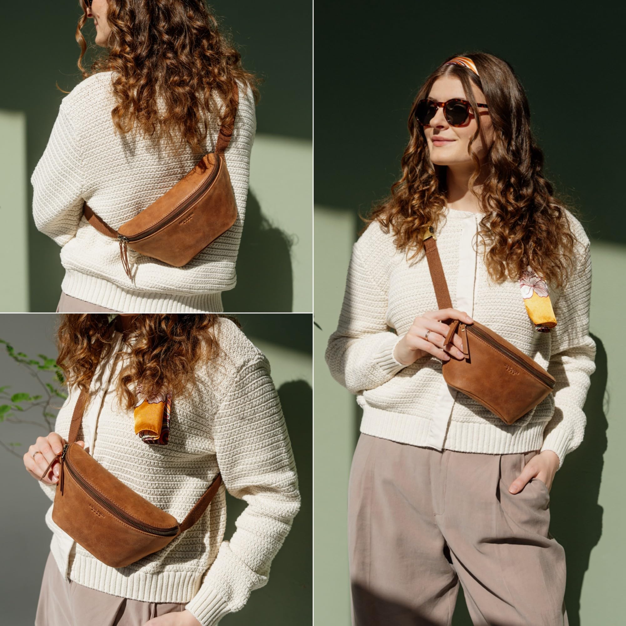 Berliner Bags Vintage Bauchtasche Noah, Umhängetasche aus Leder, Crossbody Tasche, Gürteltasche für Damen und Herren - Braun