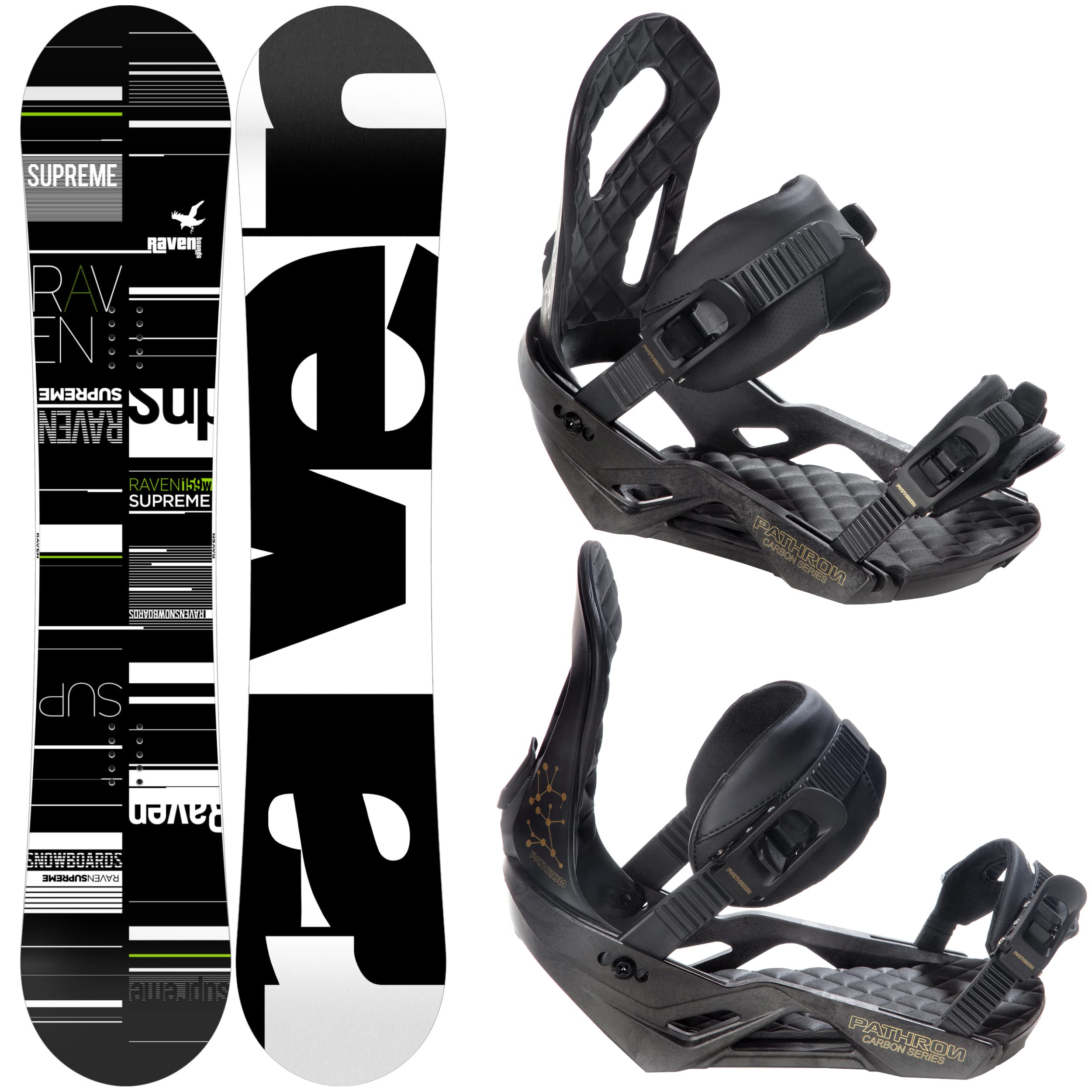RAVEN Set da Snowboard: Snowboard Supreme Nero/Verde + Attacco Pathron AT, CT o Rage MP180