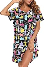 ENJOYNIGHT Women's Cotton Polyester Nightgown Nightshirt, Black, Mid Thigh, Short Sleeve, A-line, Animal Print, Loose Fit, Lightweight, Machine Washable, for Ladies Summer Loungewear Nightwear
