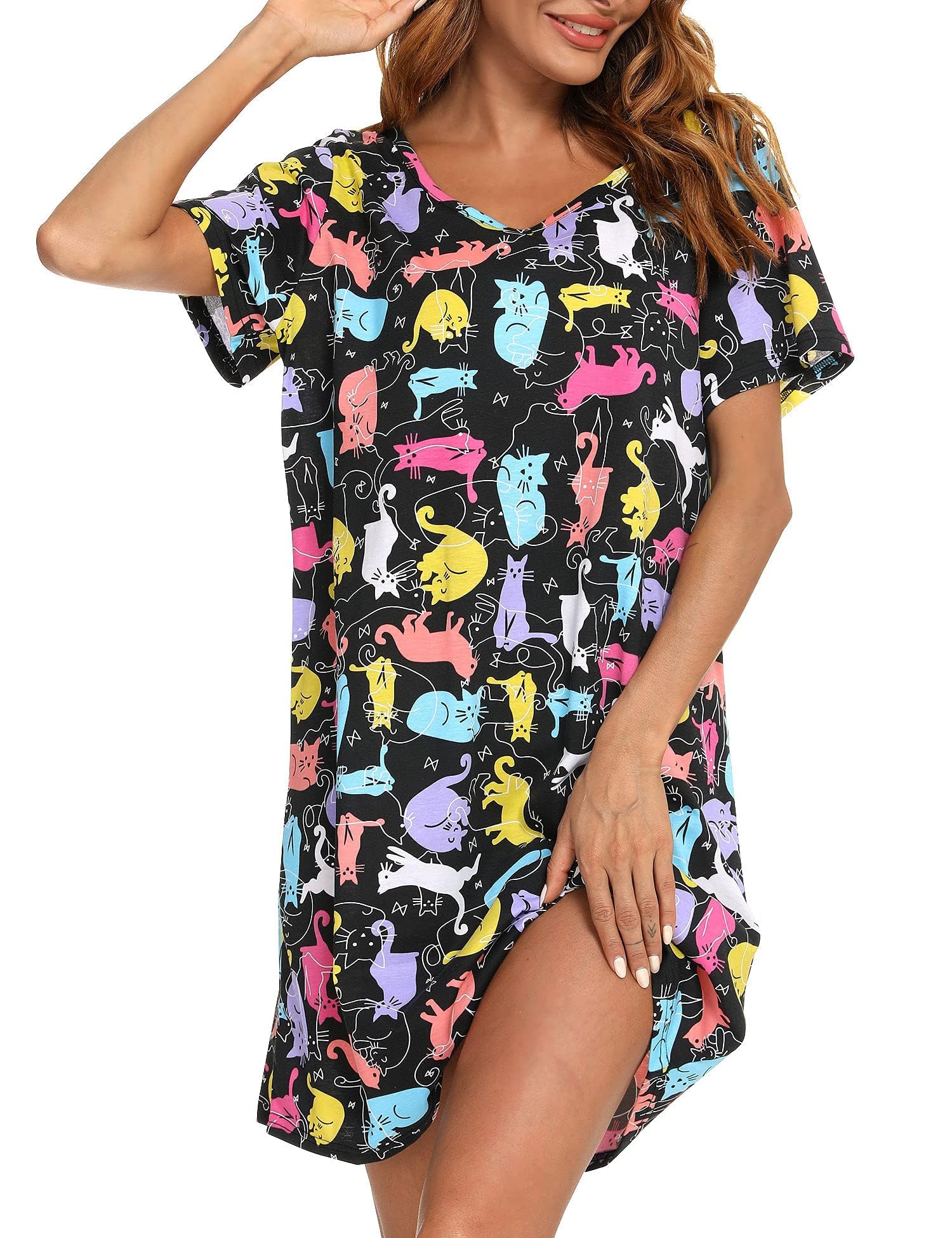 ENJOYNIGHT Camisón de algodón de manga corta para mujer, ropa de dormir con estampado casual | Camisón ligero de mezcla de algodón, ropa de descanso cómoda con bonito estampado, talla M-2XL