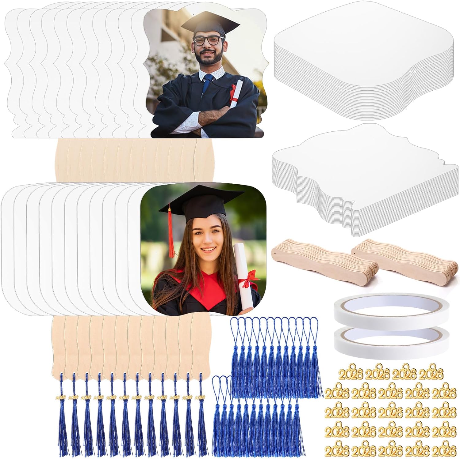Chunful 98 Pcs 2026 Graduation Sublimation Fans Blank Bulk Double-Sided Sublimation Paddle Fan Blanks Includes White Cardstock Handle Sticks with Tassel Charms for DIY Craft Supplies