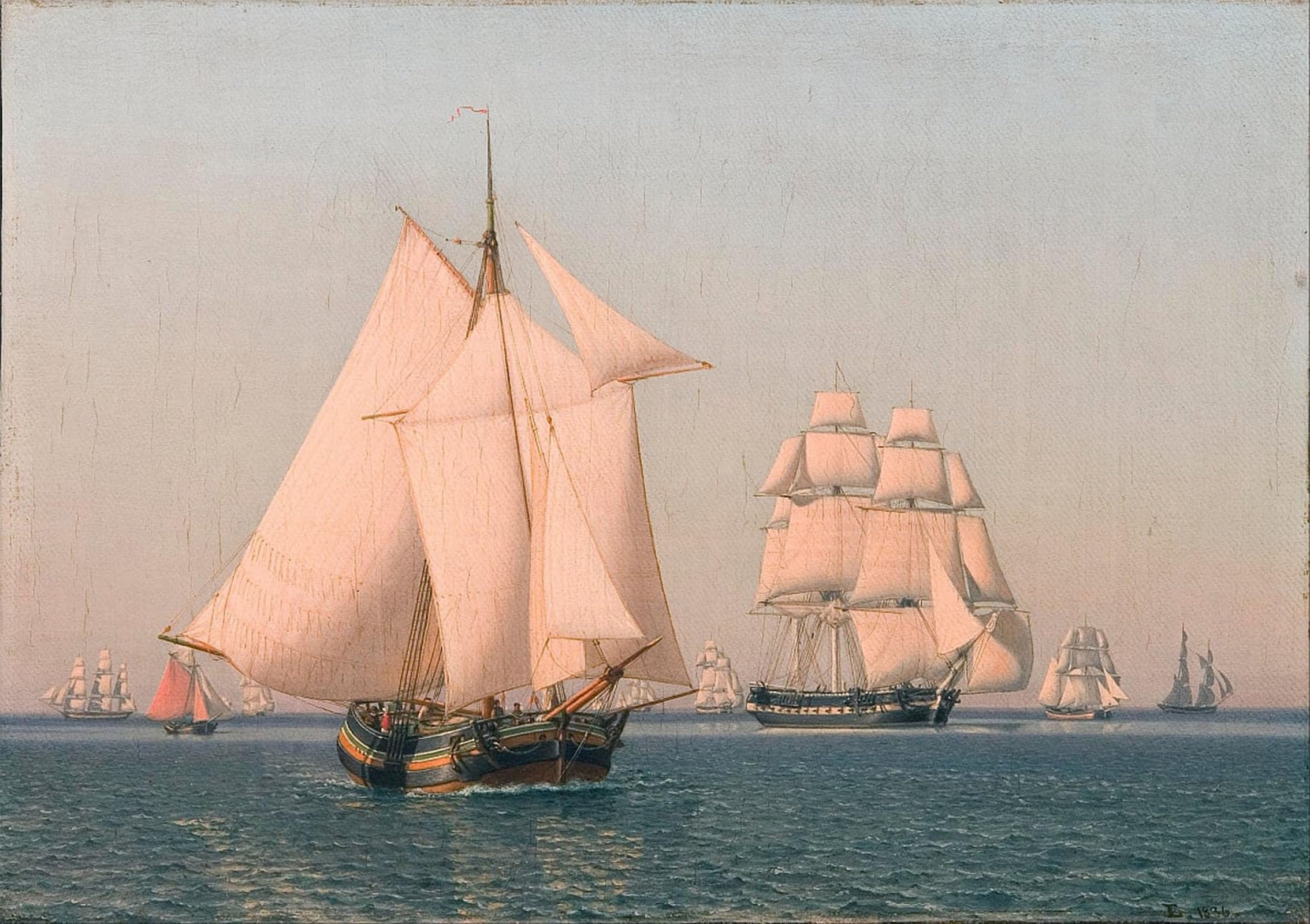 SERENDIPITP Vintage Picture Print on Canvas Wall Art Poster Ships Under Sail in a Mild Breeze on a Cleaar Summers Afternoon by Christoffer Wilhelm Eckersberg for Wall Decor 60x90cm