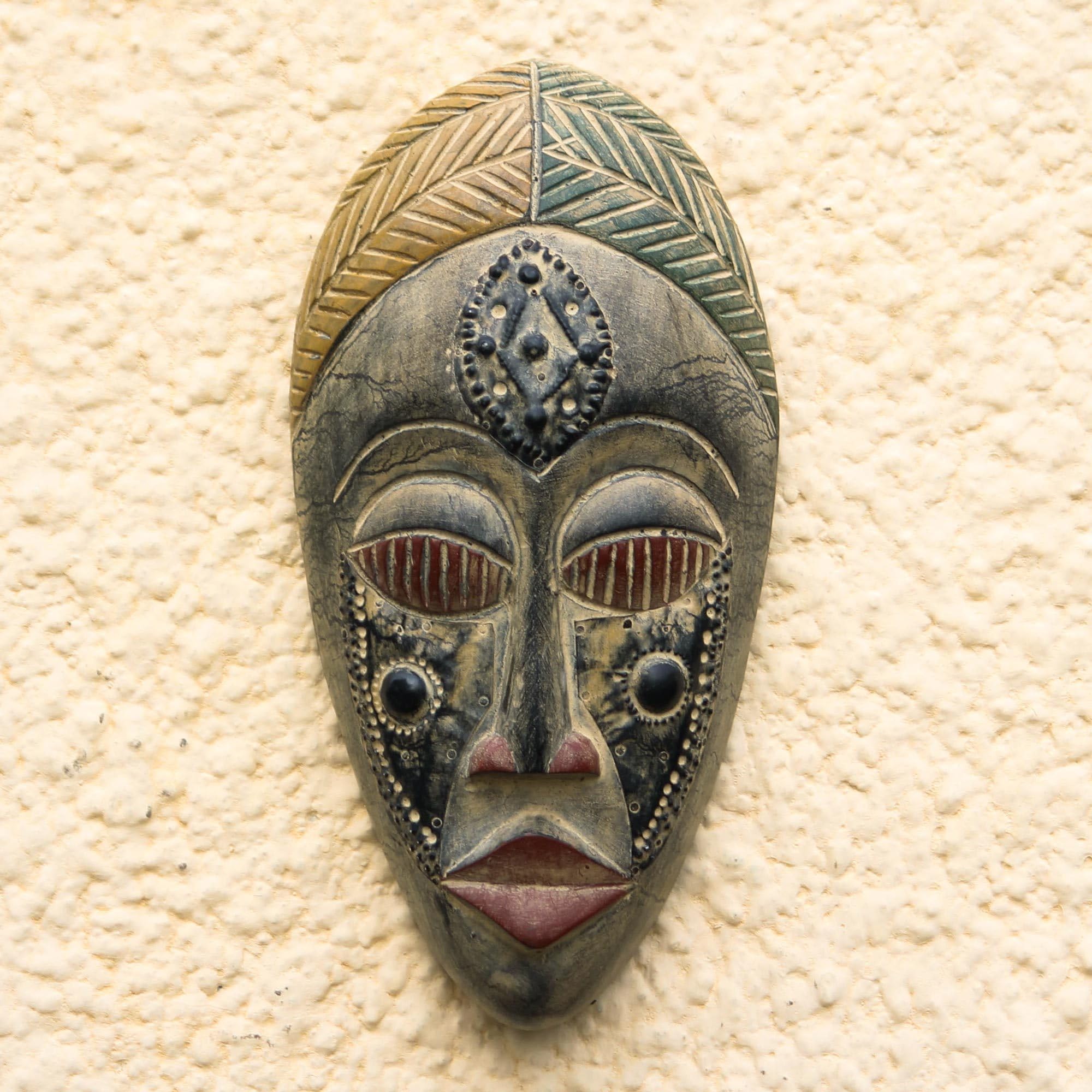 NOVICA Decorative Sese Wood and Brass Mask, Multicolor 'Royal Presence'