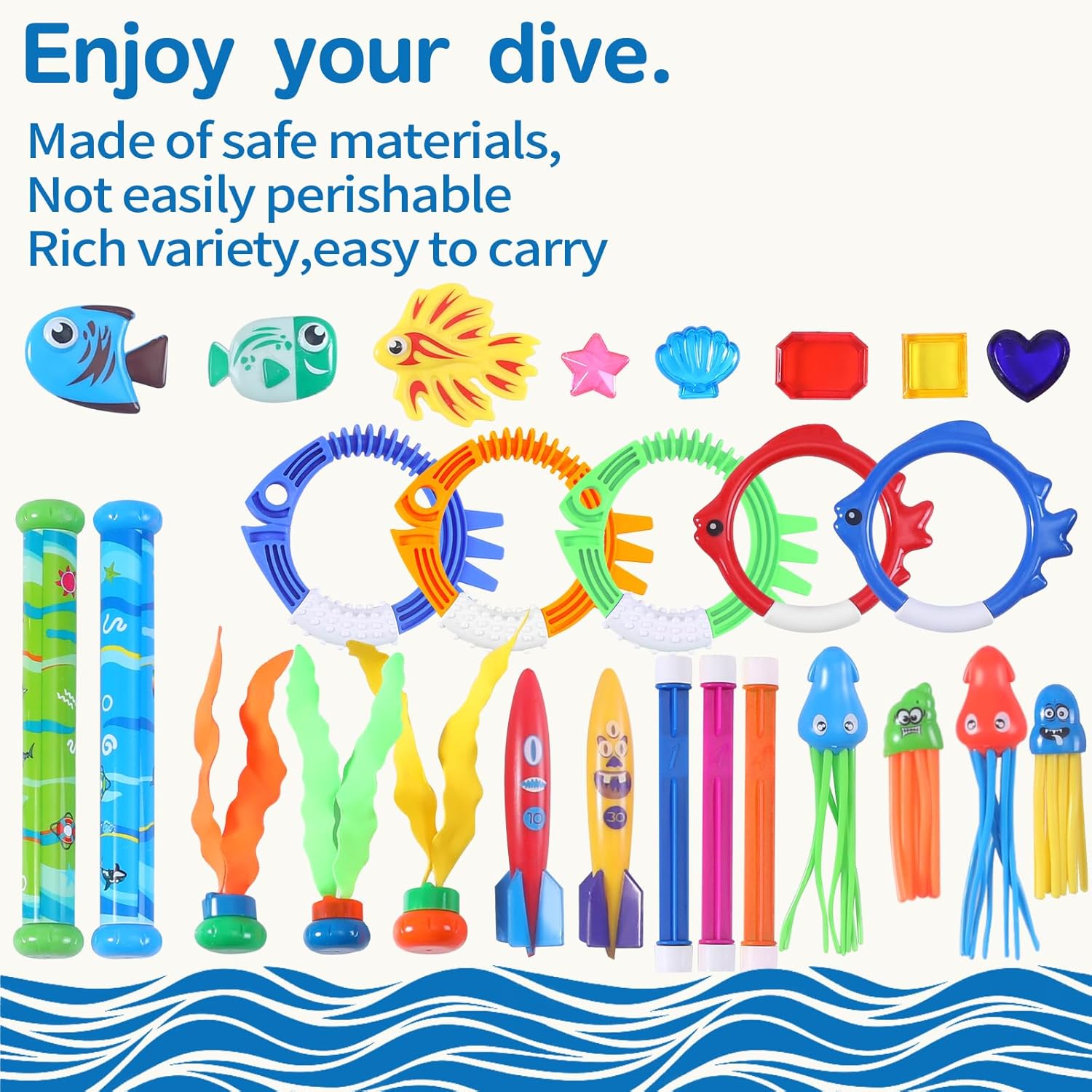 32 Packs Summer Pool Diving Swimming Essentials Water Toys for Kids, Fun Swim Games Sinking Set, Underwater Dive Easter Day Gifts with Storage Bag Include Torpedo Gems Shark Rings Sea Animals