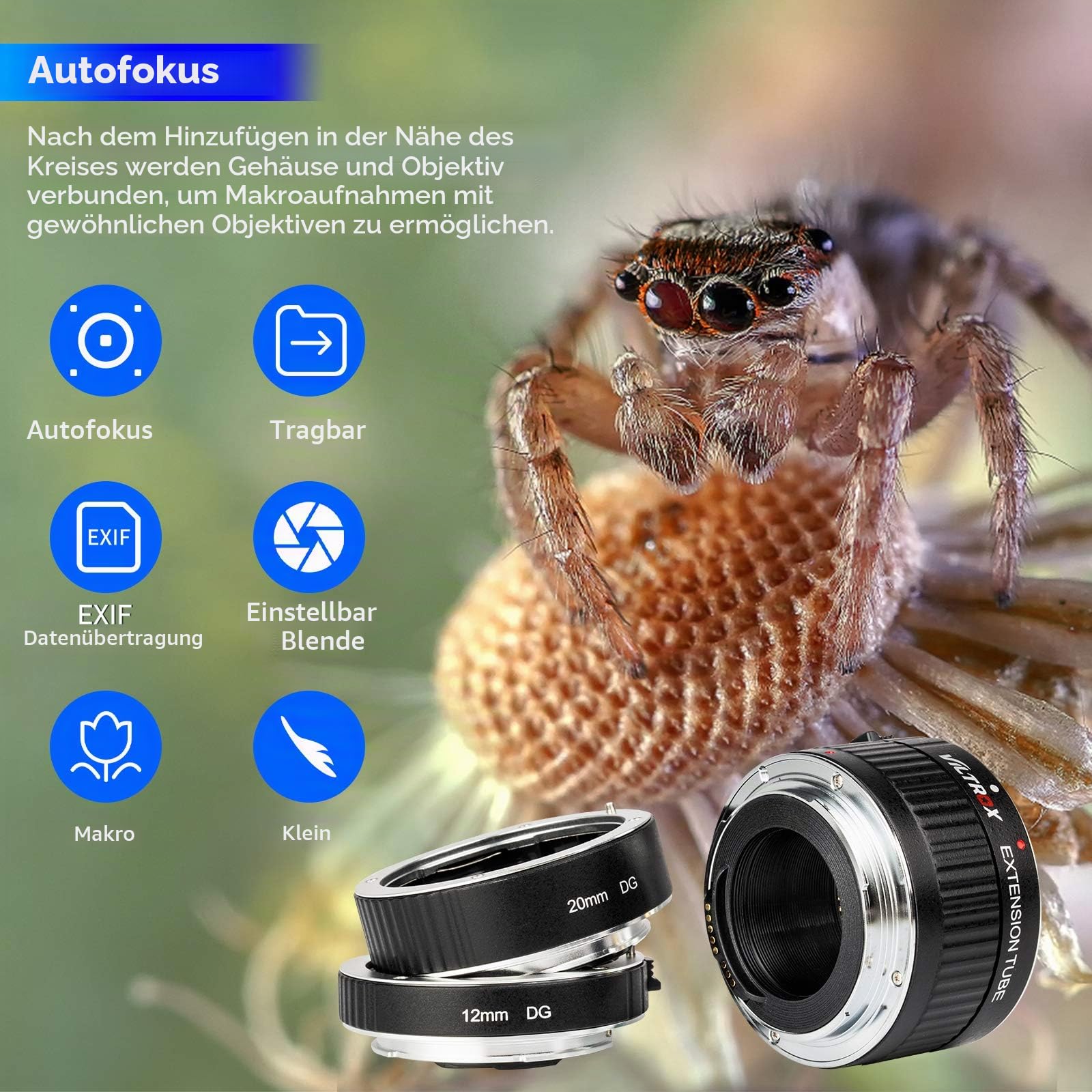 Viltrox DG-C Zwischenringe Autofokus AF Makro Verlängerungsring-Set 36mm+20mm+12mm für Canon EF&EF-S Objektiv DSLR Kamera 760D 700D 80D 70D 5DII 5DIII 1300D 1500D