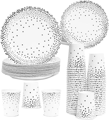 Juvale Juego de vajilla desechable de lunares de 150 piezas, color blanco y plateado, incluye 50 platos de cena de 9 pulgadas y 50 platos de
