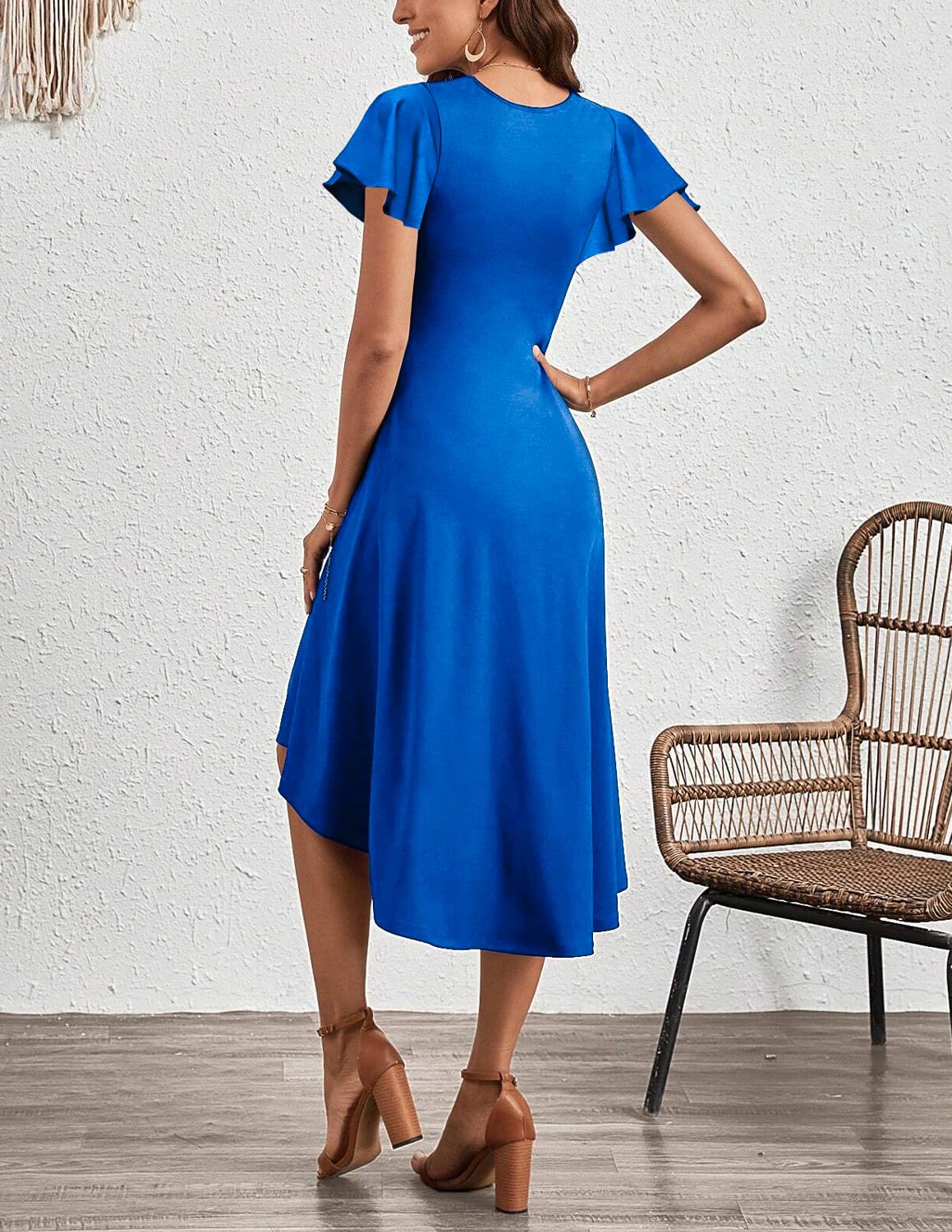 Midi Robe Femme Manches Courtes Robes de Cocktail Chic et Elegant Robe Couleur Unie A-Line Robe pour Casual Party Soirée Mariage