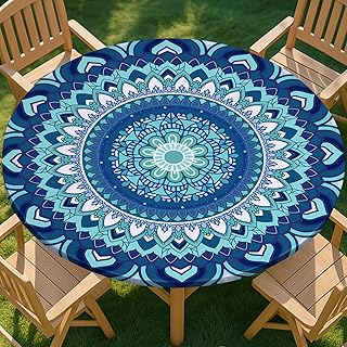 Round Tablecloth Waterproof Round Fitted Tablecloth with Elastic Fits 36"-44" Round Tables for Dinner, Outdoor, Picnic