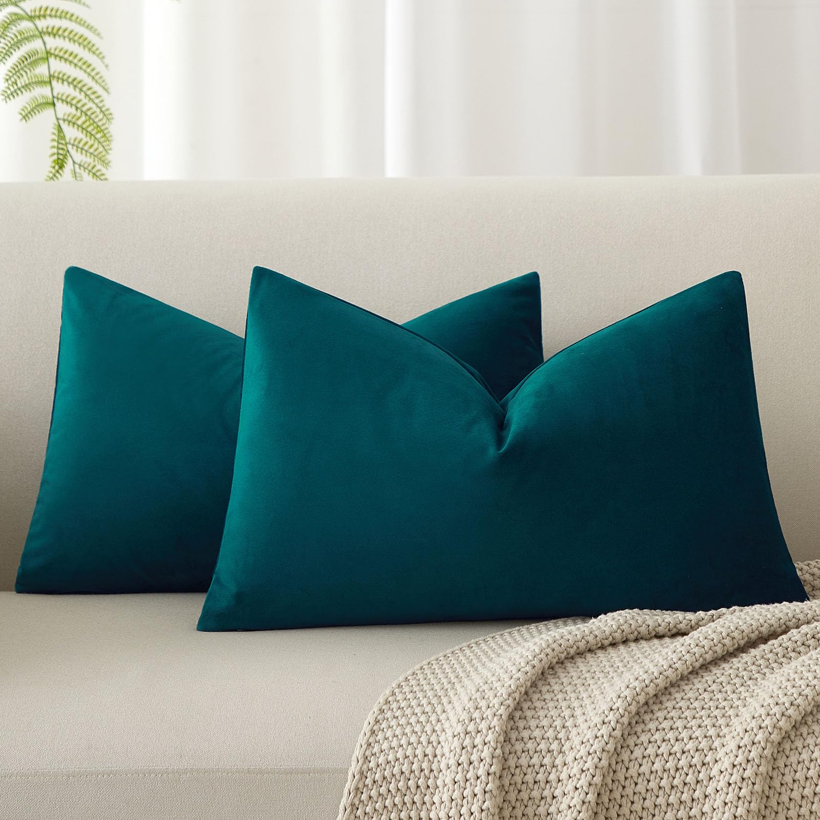 JUSPURBET Couch Pillow Covers Set of 2 Decorative Velvet Throw Pillow Covers for Living Room Bedroom Home Decor Soft Lumbar Cushion Covers with Hidden Zipper for Sofa Bed,Peacock Blue,12x20 inch