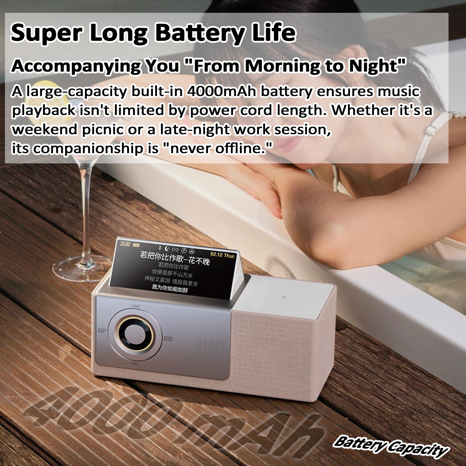 Altoparlante Bluetooth con display con testo fluttuante, generatore di rumore bianco, ricarica wireless, orologio da tavolo, proiettore tramonto e schermo flip per decorazioni domestiche e regali