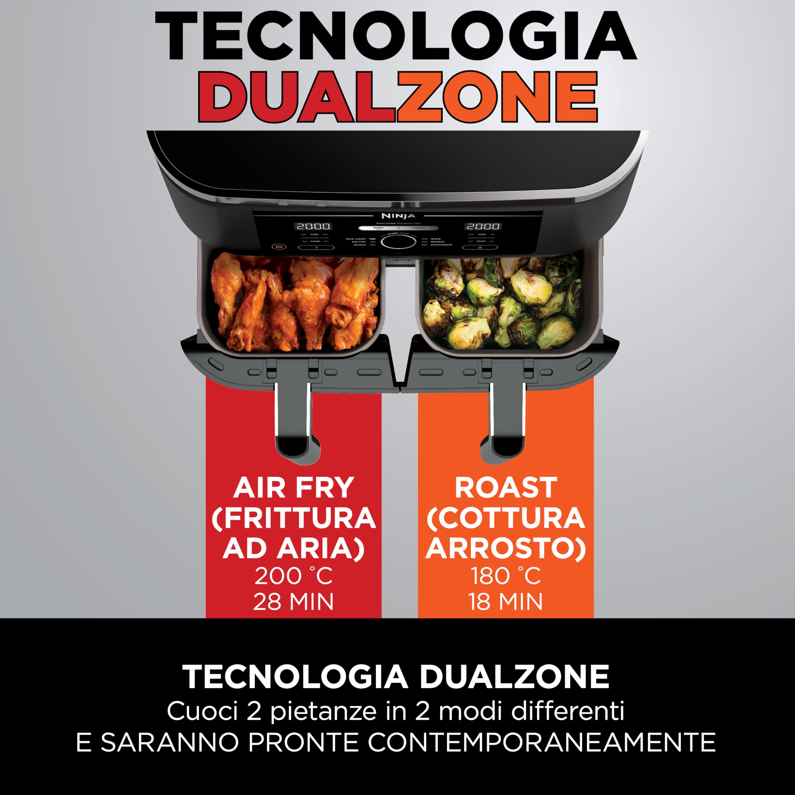 Ninja Foodi Dual Zone, Friggitrice ad Aria, 7,6L, 2 Cassetti, Nero, AF200EU | 4 in 1, 2 Cestelli Antiaderenti, Massima Croccantezza, Cottura Arrosto e Riscaldamento, Lavabile in Lavastoviglie