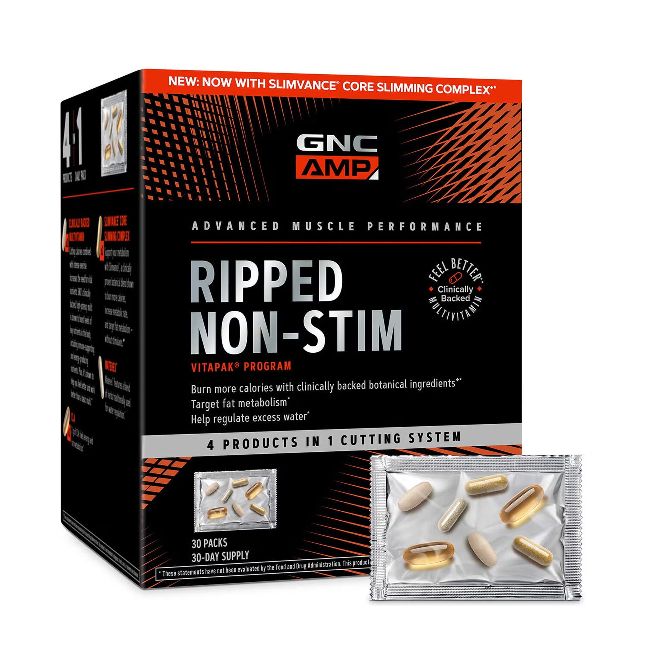 GNC AMP Ripped Non-Stim Vitapak, Slimvance 900Mg Daily, 1 Month Supply