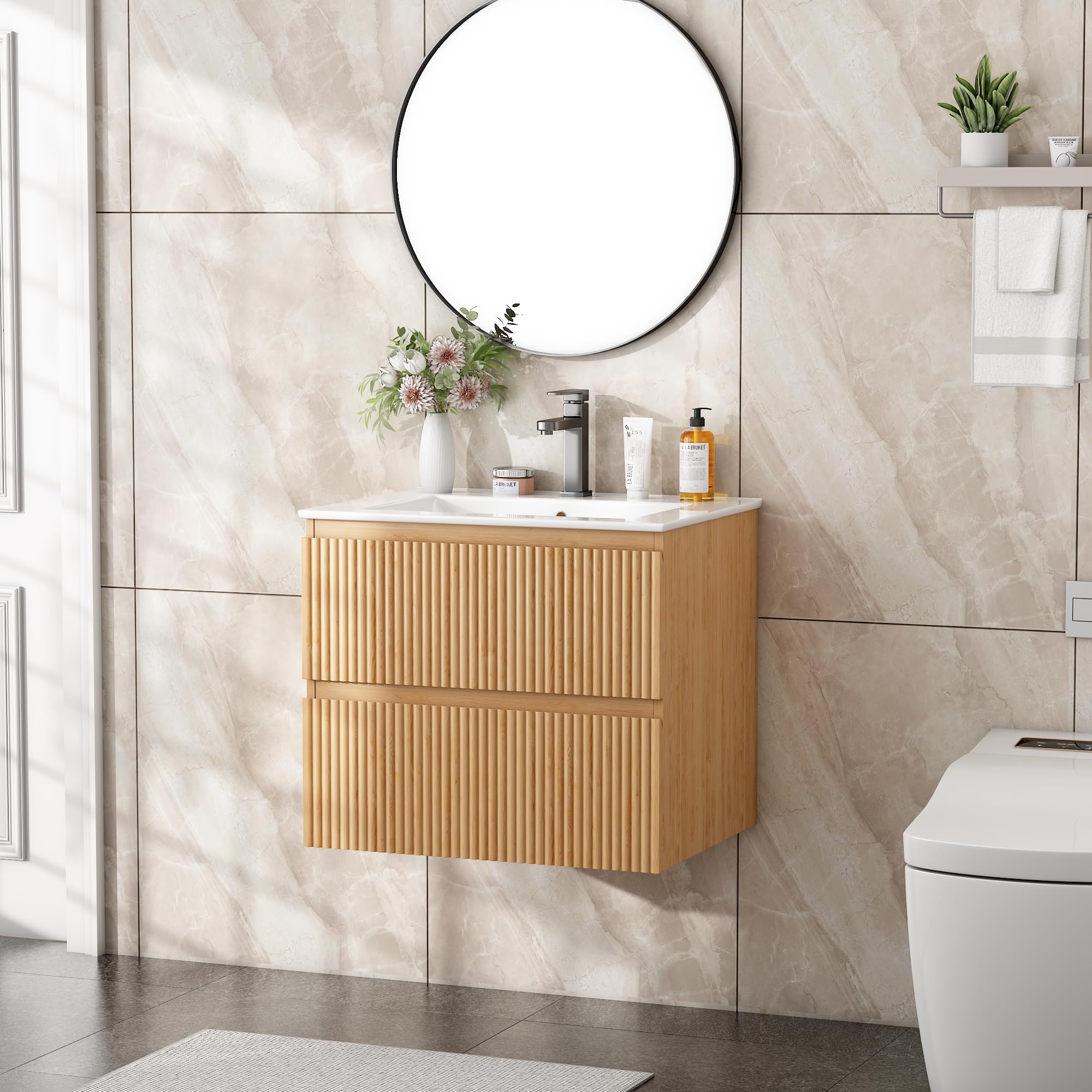 Waschtisch mit Unterschrank 60 cm, Badmöbel Set und Keramikwaschbecken, Waschbeckenunterschrank inklusive 2 Schubladen, Wandhängend, Rillendesign, Natur