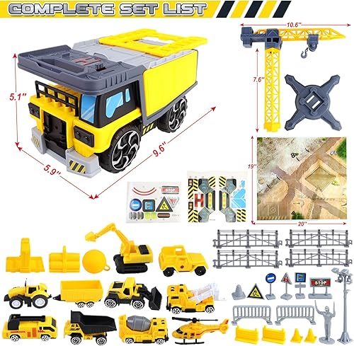 Miniatura 6 de CORPER TOYS Juego de juguetes de camiones de construcción para niños con mapa de reproducción, señal de tráfico, grúa y 9 vehículos de ingeniería