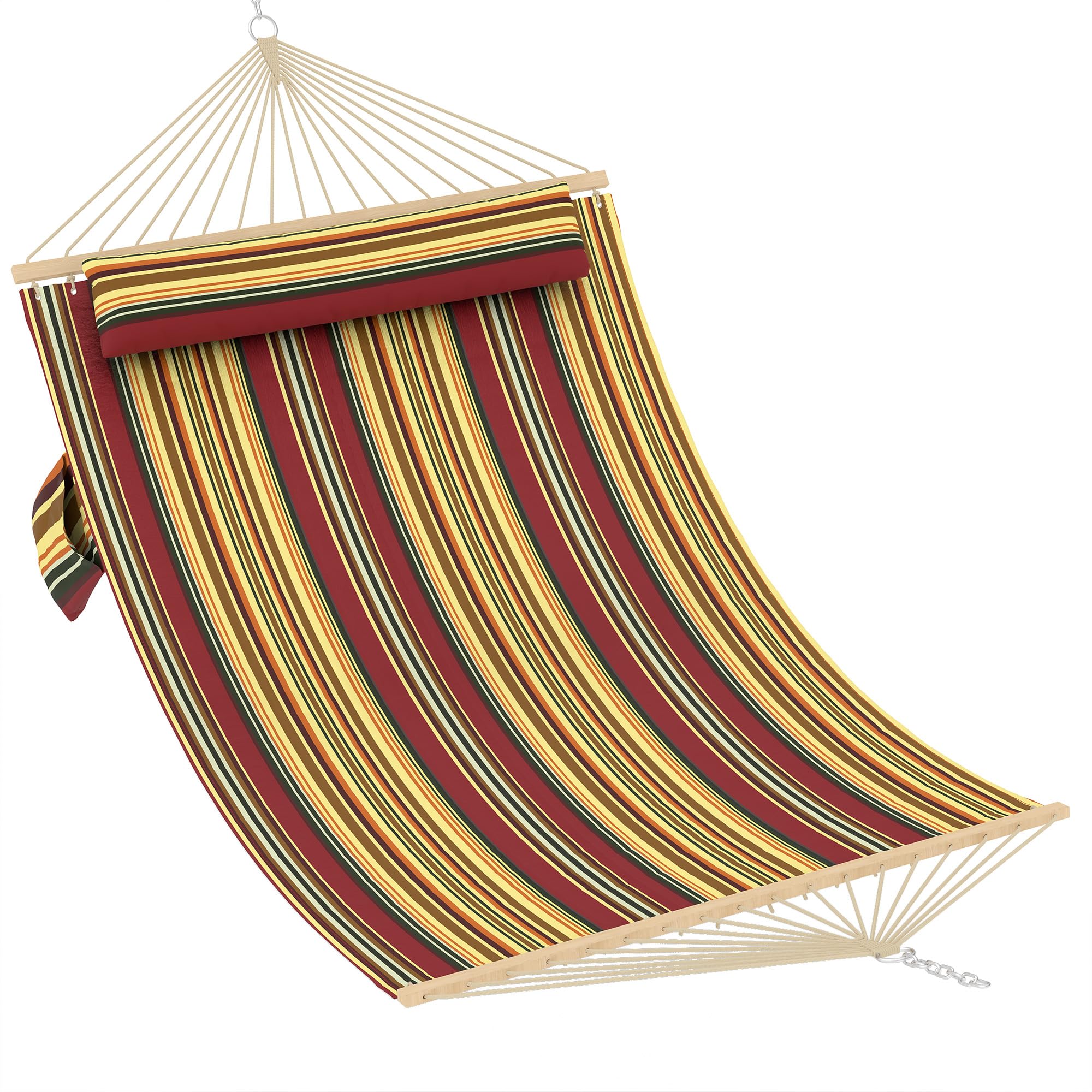 Hamaca de matrimonio acolchada para 2 personas – Barra de madera – Cojín extraíble – Resistente 204 kg – Ideal para jardín, terraza, piscina – 350 cm, rayas rojas y amarillas
