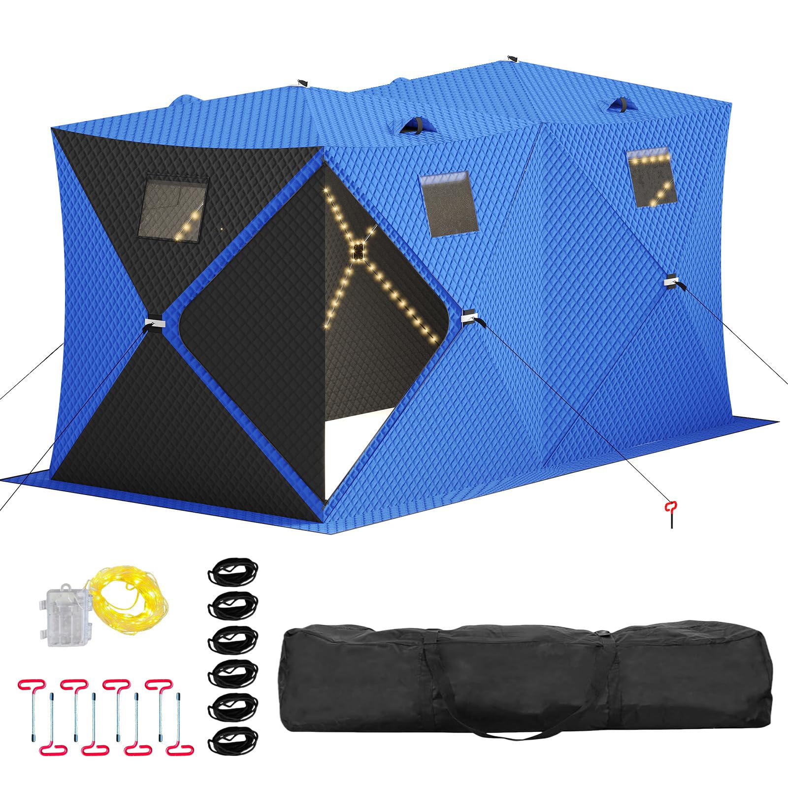 GarveeLife Pop Up Ice Fishing Shelter Tent with 2x49ft LED Light Strip, Windproof Portable Hub Design, Fits 5-7 People, 69 sq ft Fishable Area, Red+Black, blue+black, 5-7person(141.73x70.8x77.74in)