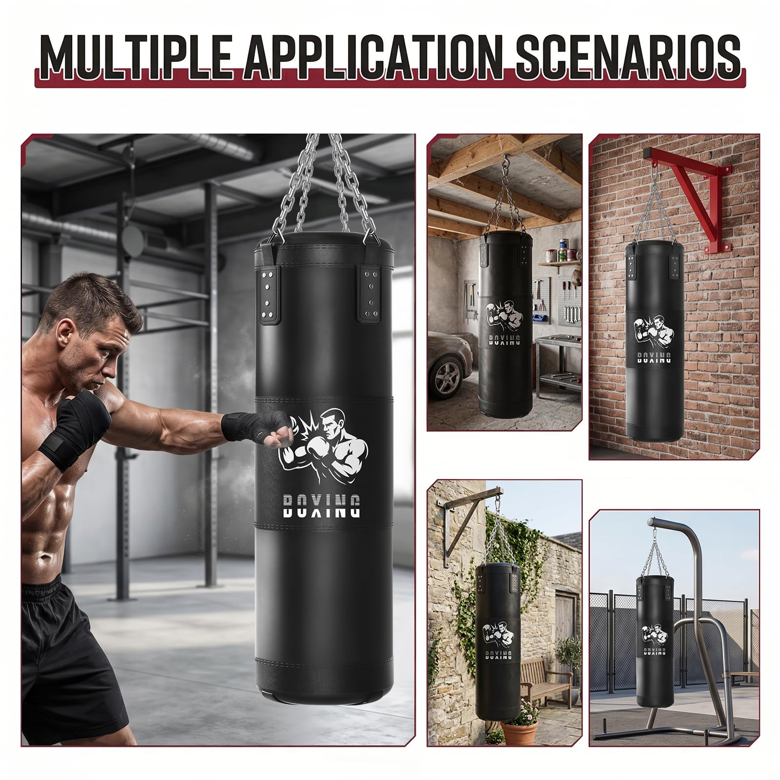 Sac de Frappe Adultes Ninonly 120CM Lourd Sac de Boxe avec Sac de Boxe Suspendu Non Rembourré,Ballon de réaction,Bandages pour Kickboxing MMA Muay Thai Karate Taekwondo(Non Rempli)