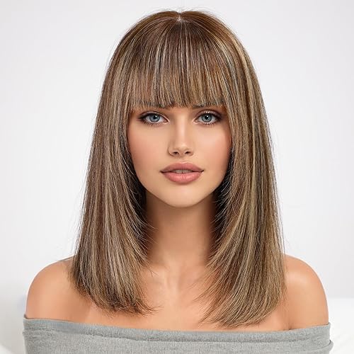 KKU Pelucas de cabello humano rubio mezclado con castaño de 16 pulgadas para mujeres blancas, peluca de cabello lacio en capas con flequillo, usa KKU Pelucas de cabello humano rubio mezclado con castaño de 16 pulgadas para mujeres blancas, peluca de cabello lacio en capas con flequillo, usa
