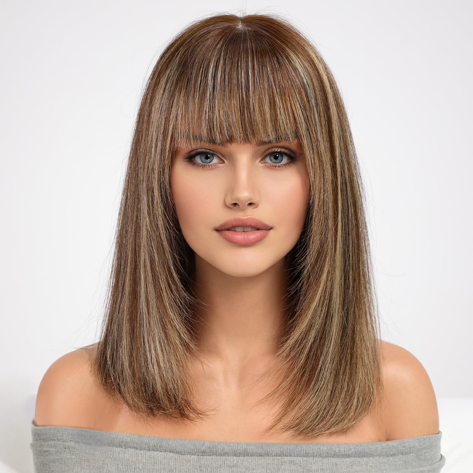 KKU 16 Inch Brown Mixed Blonde Human Hair Wigs for Women,Layered Straight Hair Wig with Bangs,Wear Natural Realism