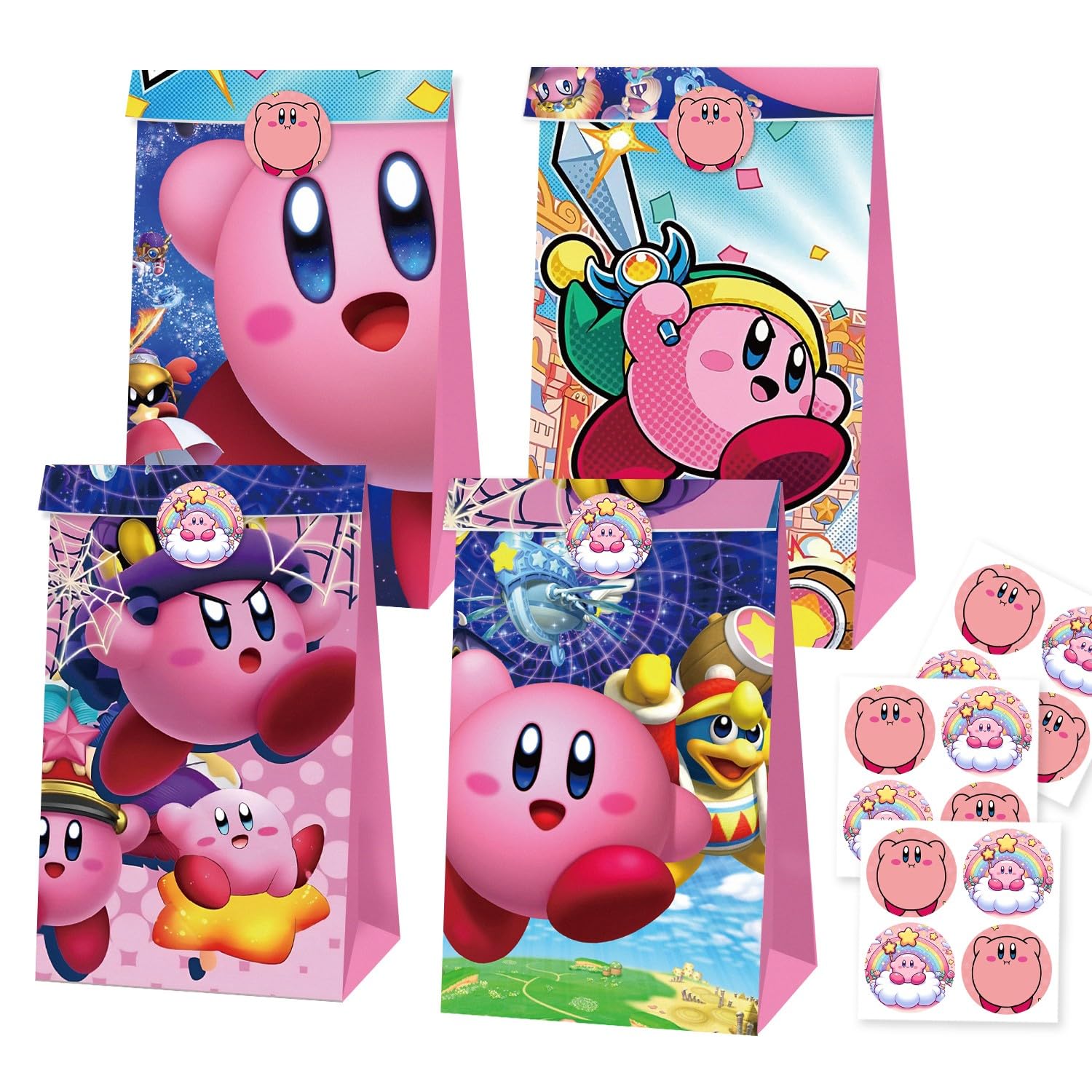 Roffatide Anime Kirby 12Pcs Party Gift Bags Candy Gooddie Bags with Sticker sheets Party Supplies Birthday Party Decoration for Girls Kids