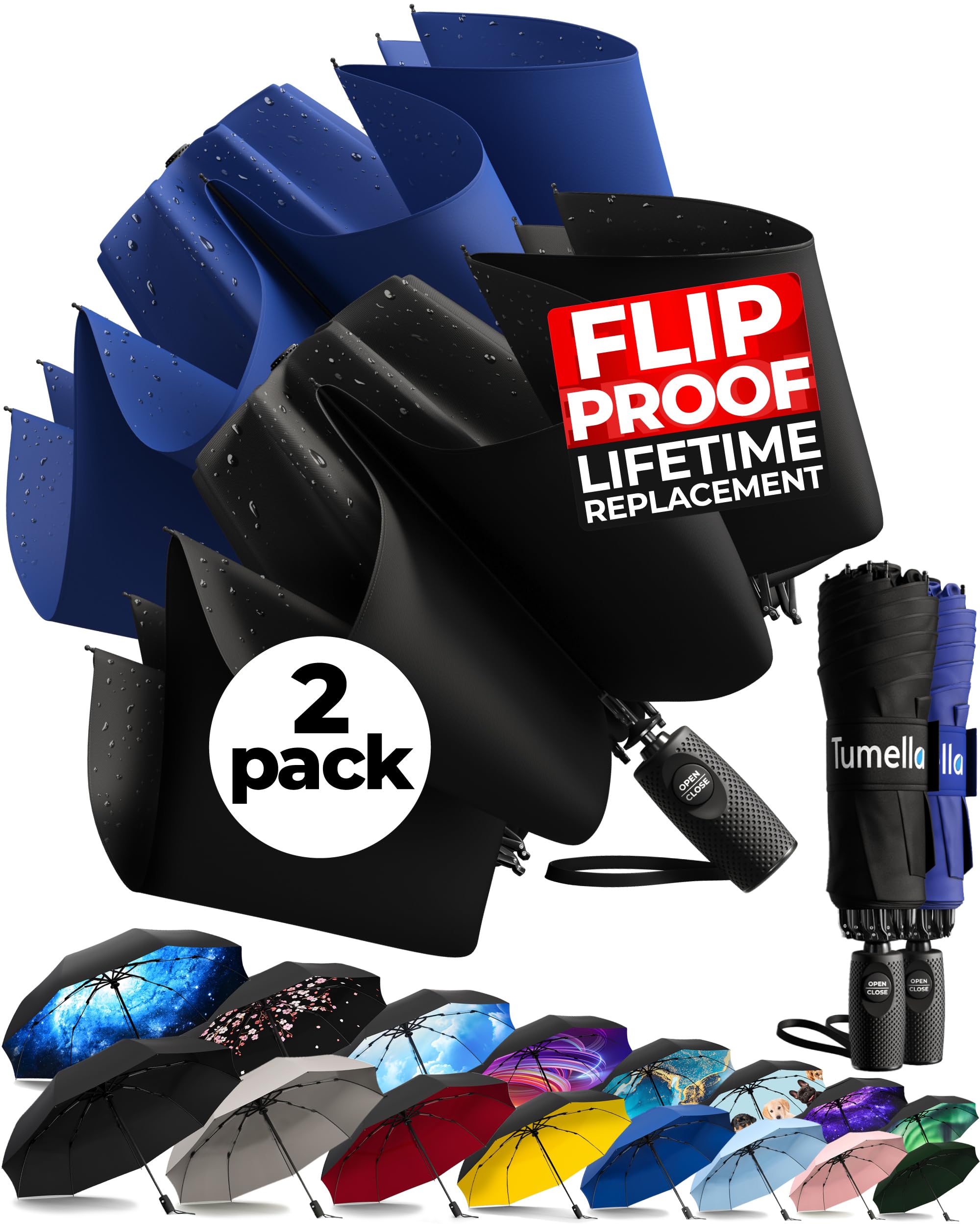 TUMELLA Inverted Windproof Umbrella, Large, Strong, Light, Portable, Automatic Reverse Folding Rain Umbrella, Durable Premium Grip, Fits Car &