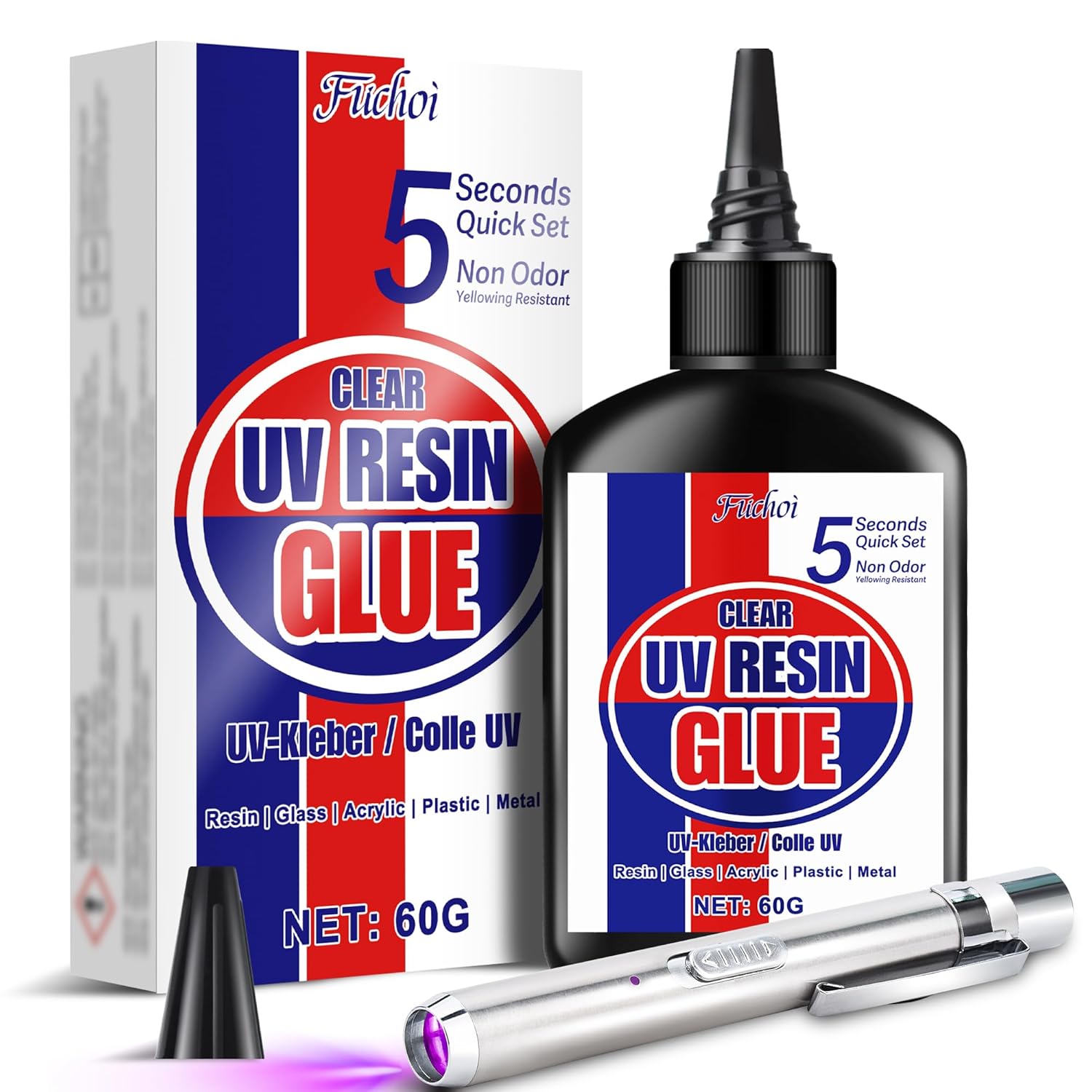 UV Resin Kit with UV Light, 60g 5-Second Cure Transparent UV Glue with Rechargeable UV Flashlight, Fast Curing Resin for Plastic Welding, Jewelry Bonding, Acrylic, Craft Projects, Glass Repair
