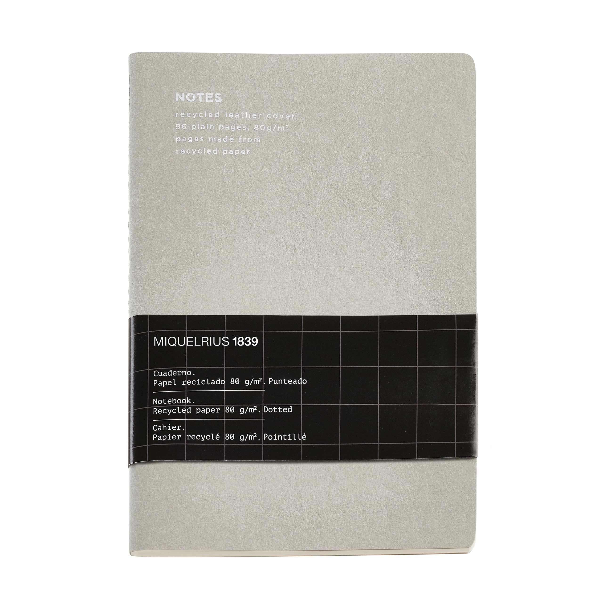 MiquelriusFlexible A5 Notebook (200mm x 140mm) - Polka Dot Inside - 48 White Sheets - 80gsm Recycled Paper - Recycled Leather Cover - Grey