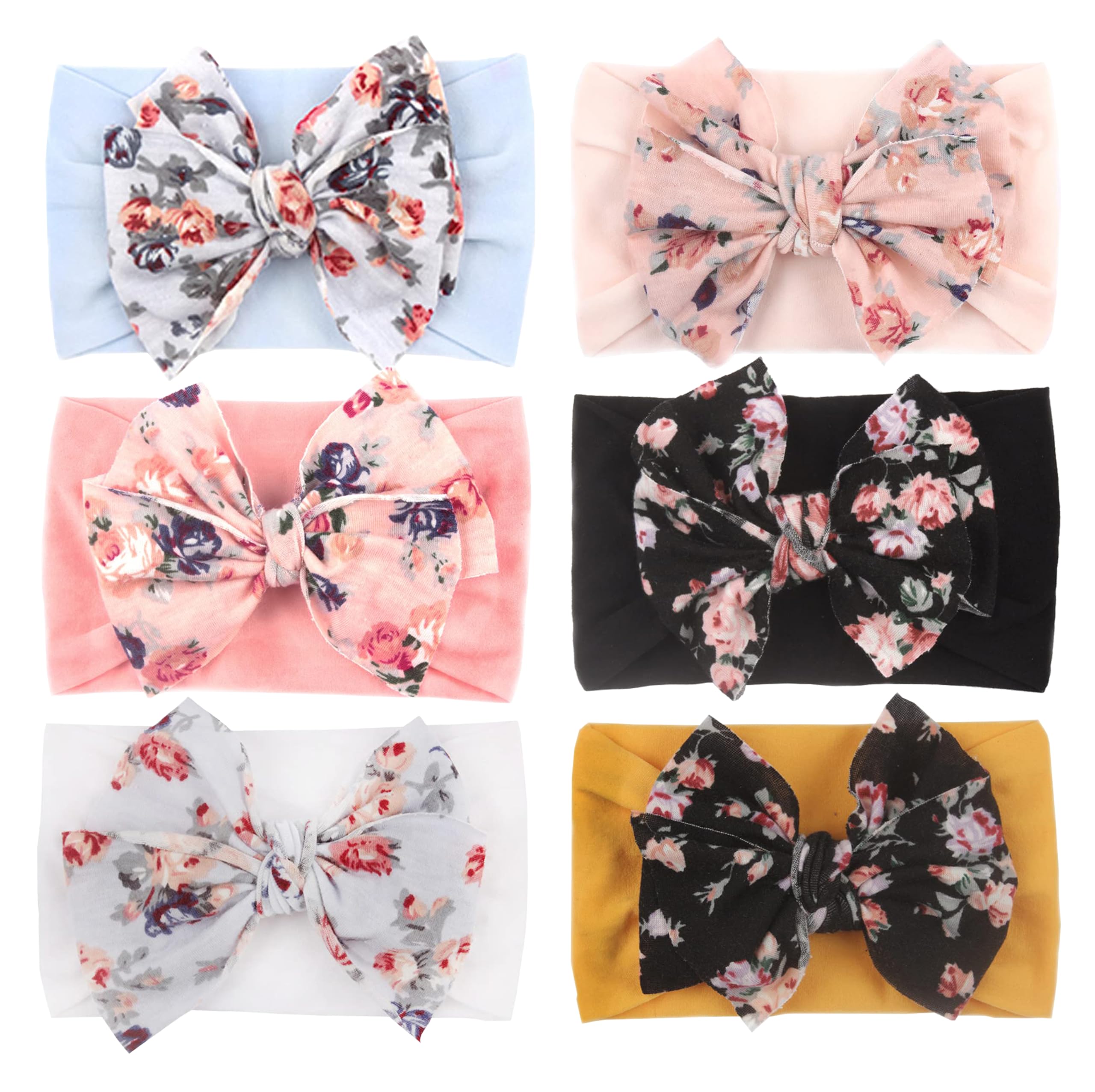 SYGA Pack Of 6 Baby Headbands Printed Flower Bow Strechable Soft Nylon Hairbands for Newborns, Infants, Toddlers, Kids 0-3 Years(MultiColour)
