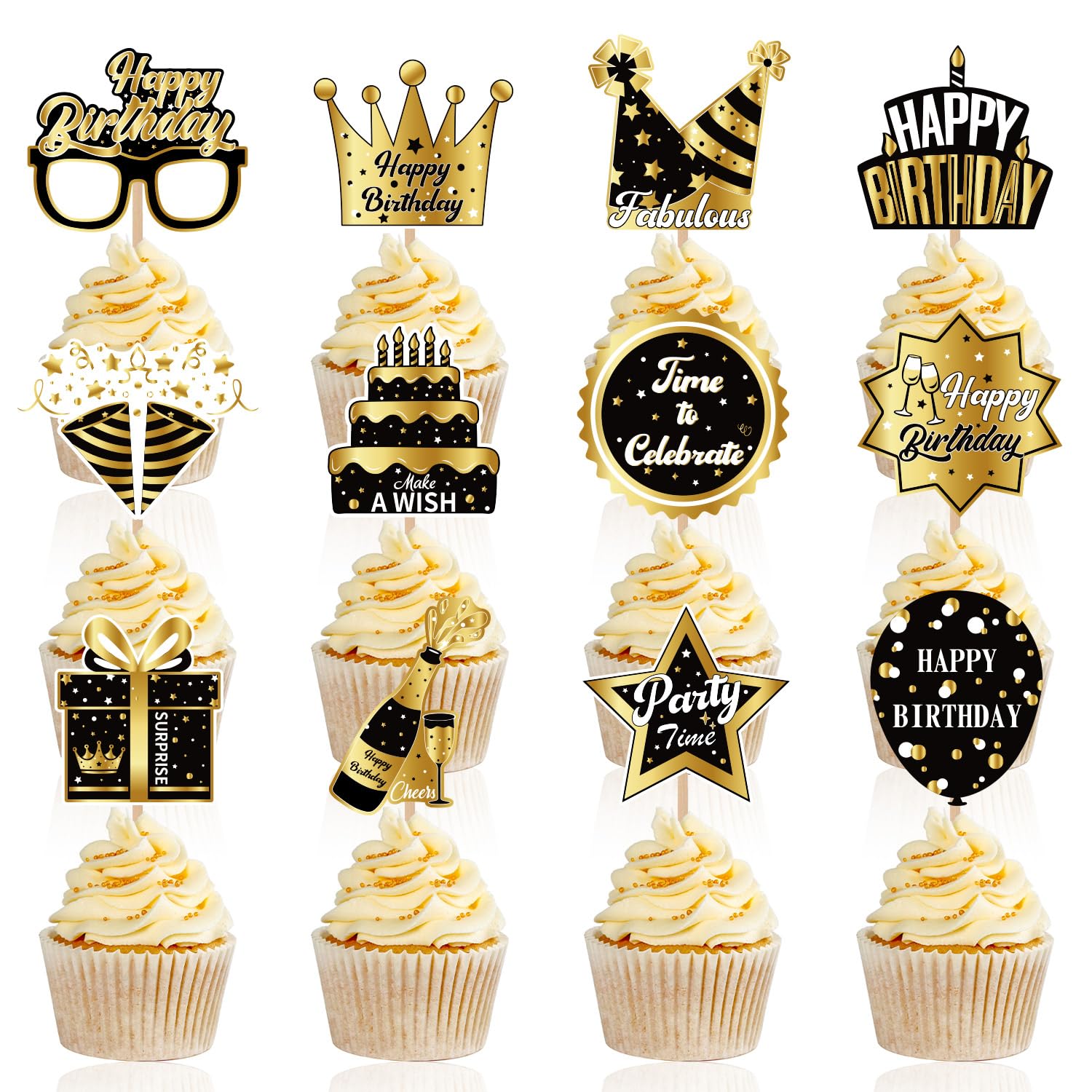 48pcs Black Gold Birthday Supplies,Black Birthday Party Cupcake Toppers for Gift Party Favors Kid's Black Gold Birthday Party cake Decoration Supplies
