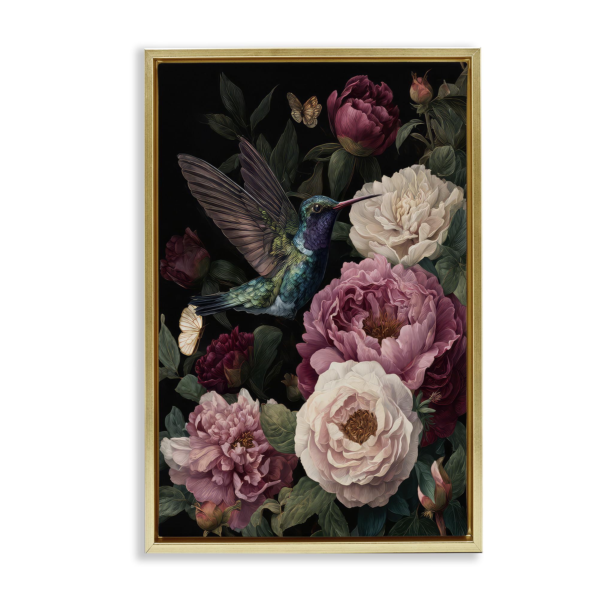 'Hummingbird & Lush Peonies'| Floating Frame Canvas Art